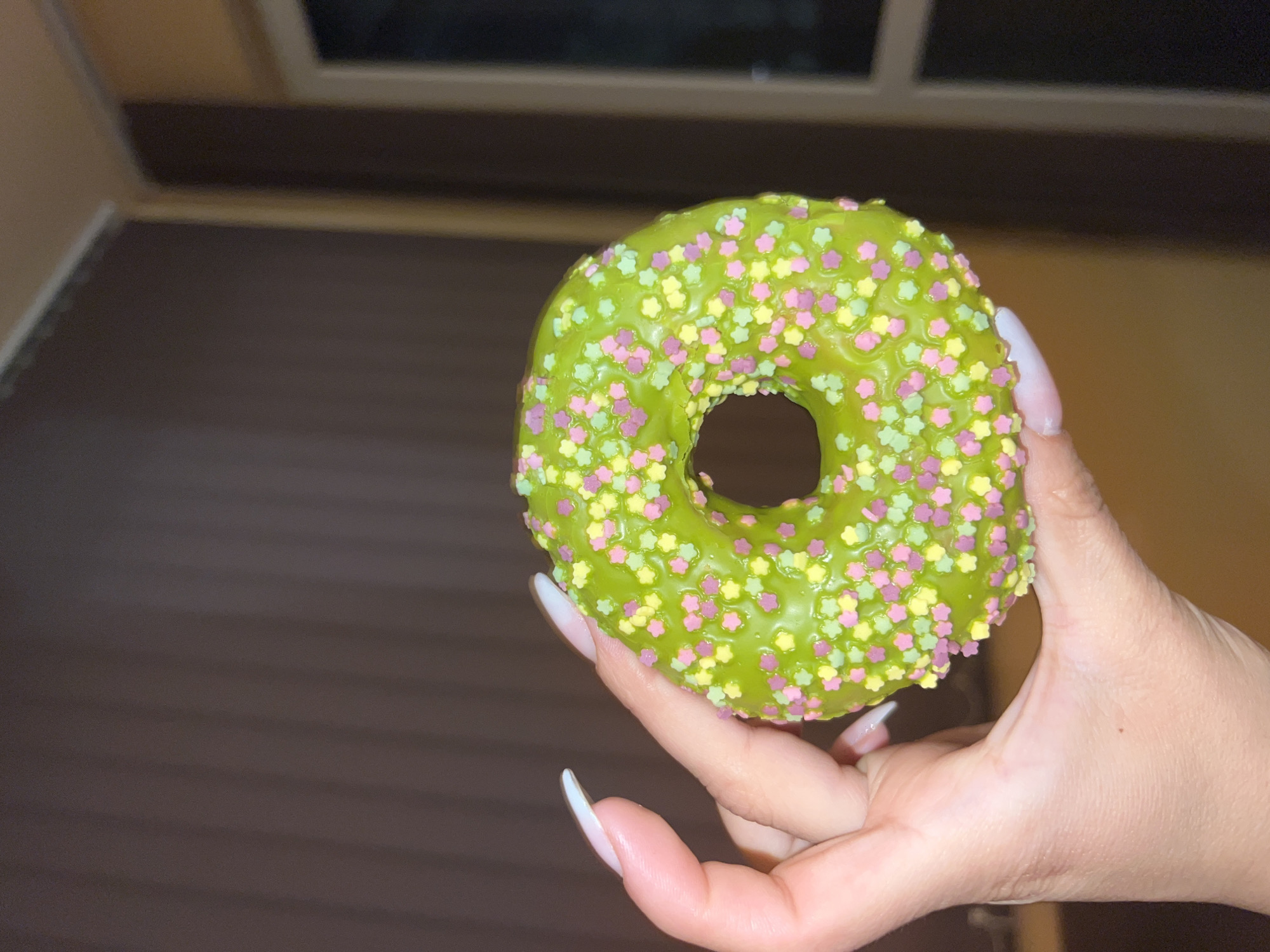 A human hand with long acrylic nails holds a green donut covered in star-shaped sprinkles of pink, yellow, and green. The background consists of a dark brown surface and a window. The location is indeterminate, and there is no information to suggest this image was taken in Plovdiv, Bulgaria.