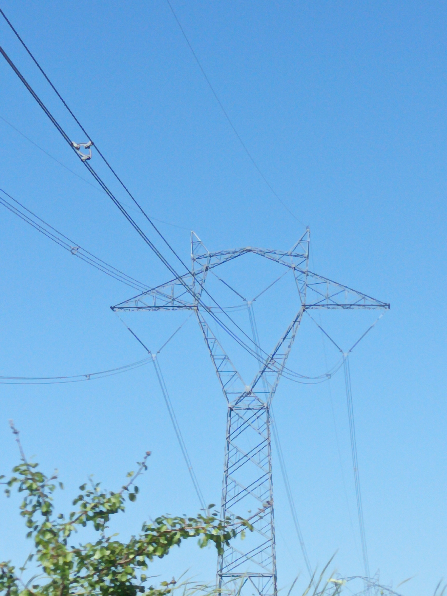 A wide-angle shot captures an electricity pylon against a clear blue sky in Malak Manastir, Bulgaria. The pylon, constructed from a lattice of metal, dominates the center of the frame, with power lines extending horizontally across the sky. In the lower left, the branches of a tree with green leaves are visible, partially obscuring the pylon's base and suggesting a rural or semi-rural setting. The image is framed from a low angle, emphasizing the height of the pylon and the vastness of the sky. No people or animals are present in the scene.