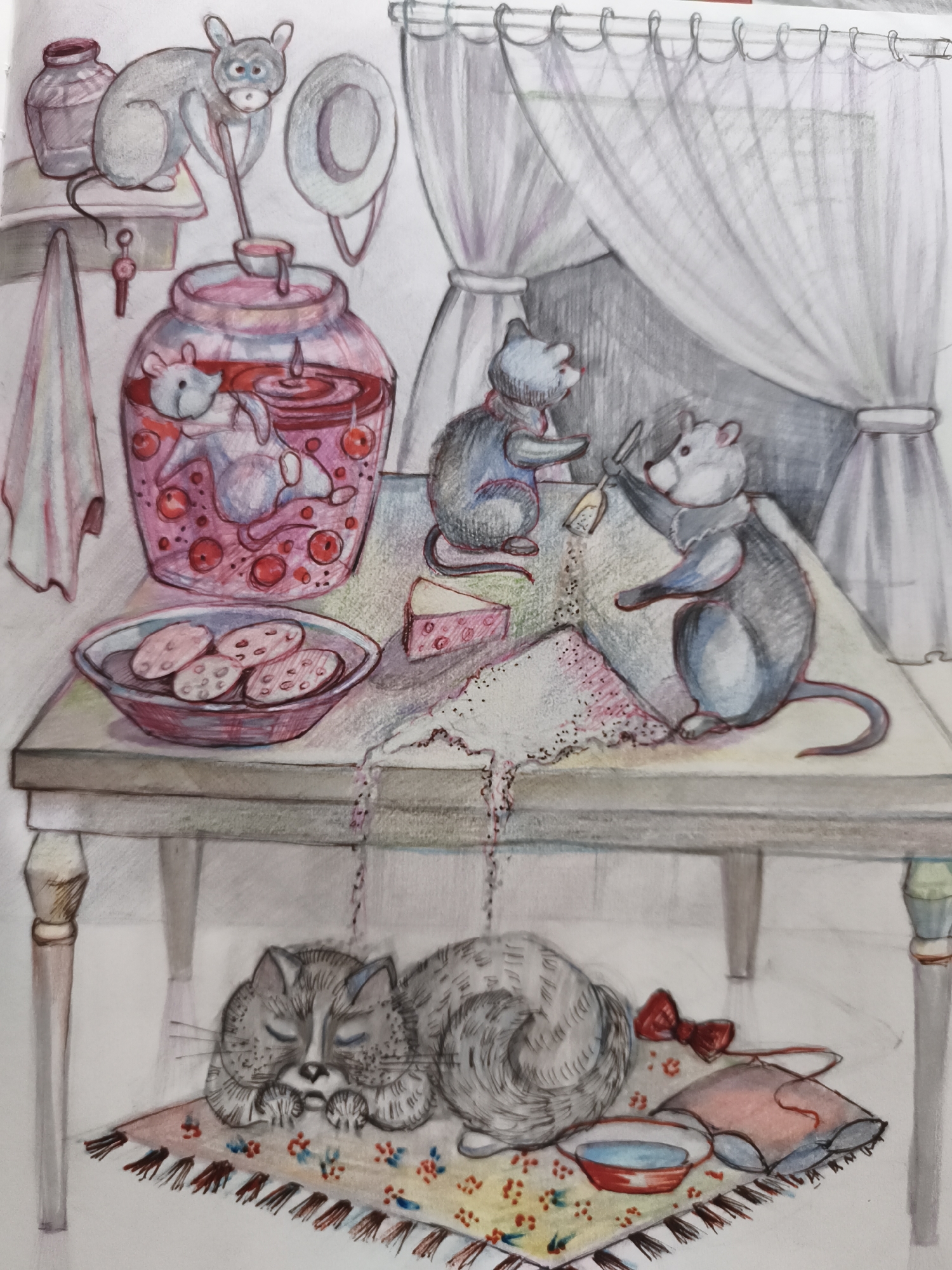 This is a watercolor illustration depicting a whimsical scene with anthropomorphic mice and a cat. The scene appears to be set in a kitchen or pantry area.
On a table in the foreground, several mice are engaged in various activities. One mouse, with blue-tinted fur, is holding a ladle and appears to be scooping liquid from a large glass jar filled with red liquid and cherries. Inside the jar, another mouse is partially submerged. To the right of the jar, a white mouse, wearing a grey cape and collar, is holding a small object, possibly a spoon or a tool, and is interacting with a pile of white granular material on the table. A slice of cheese with holes is also visible on the table. In front of the jar, a shallow bowl contains several round, flat objects resembling cookies.
In the lower part of the image, a grey tabby cat is sleeping soundly on a colorful, tasseled rug. Near the cat, there is a small red bow, a pink cushion, and a small bowl of blue liquid.
In the background, a draped white curtain suggests a window or an alcove. To the left, there's a ceramic jar and a towel hanging on a hook.
The illustration does not contain any elements that would place it in the city of Saint-Denis, France.