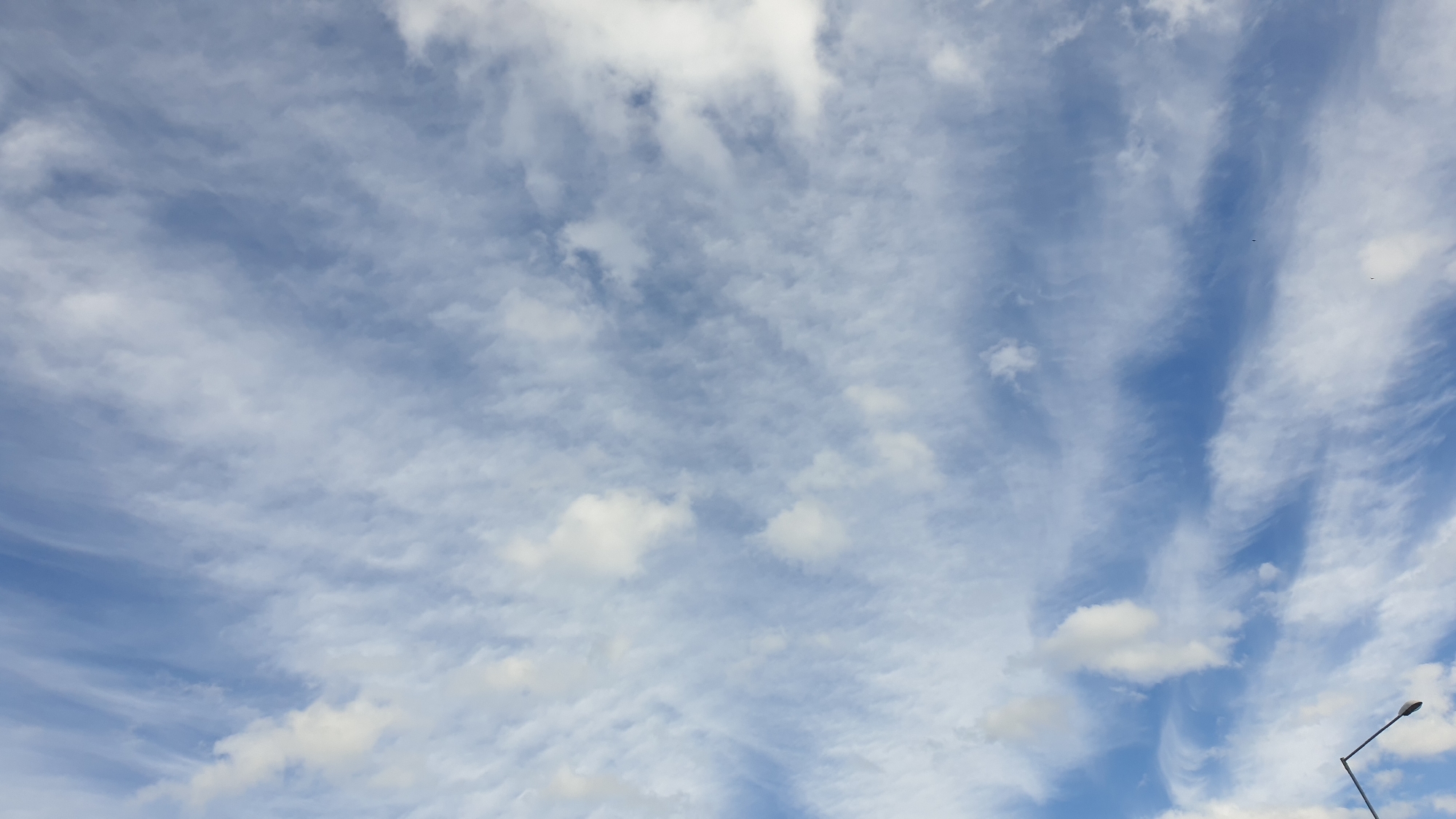 The image captures a wide-angle view of a blue sky filled with wispy white clouds, some appearing more scattered and others forming denser formations. The clouds exhibit a streaky, feathery texture, suggesting wind movement. The lighting indicates it is daytime, with the sun likely high in the sky, illuminating the clouds from above. In the lower right corner, a segment of a modern street lamp pole is visible, angled upwards, with its fixture obscured from view. There are no people or other discernible objects in the frame apart from the sky and the street lamp. The scene appears to be an outdoor setting within the city of Hodkovice, Czechia, possibly taken from a street or an open area.