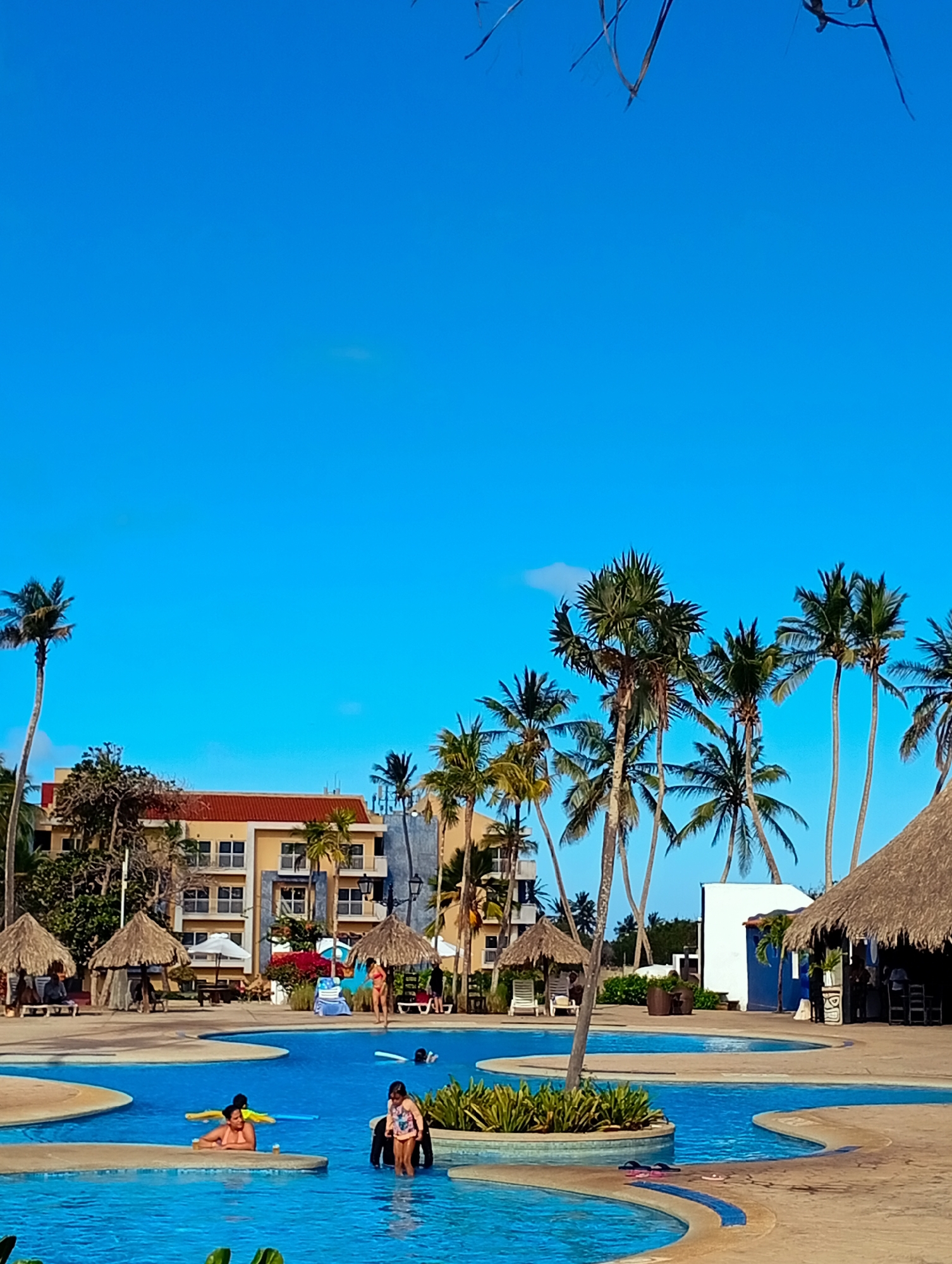 The image shows a swimming pool area at a resort in Playa El Agua, Venezuela. The pool has an irregular shape with several sections connected by shallow areas. People are in the pool, including children and adults. Some are standing, while others are swimming or relaxing. Palm trees surround the pool area, providing shade. Several thatched-roof structures are near the pool, possibly for shade or as bars. A multi-story building with an orange roof and beige walls is visible in the background behind the pool area. The sky is clear and blue.