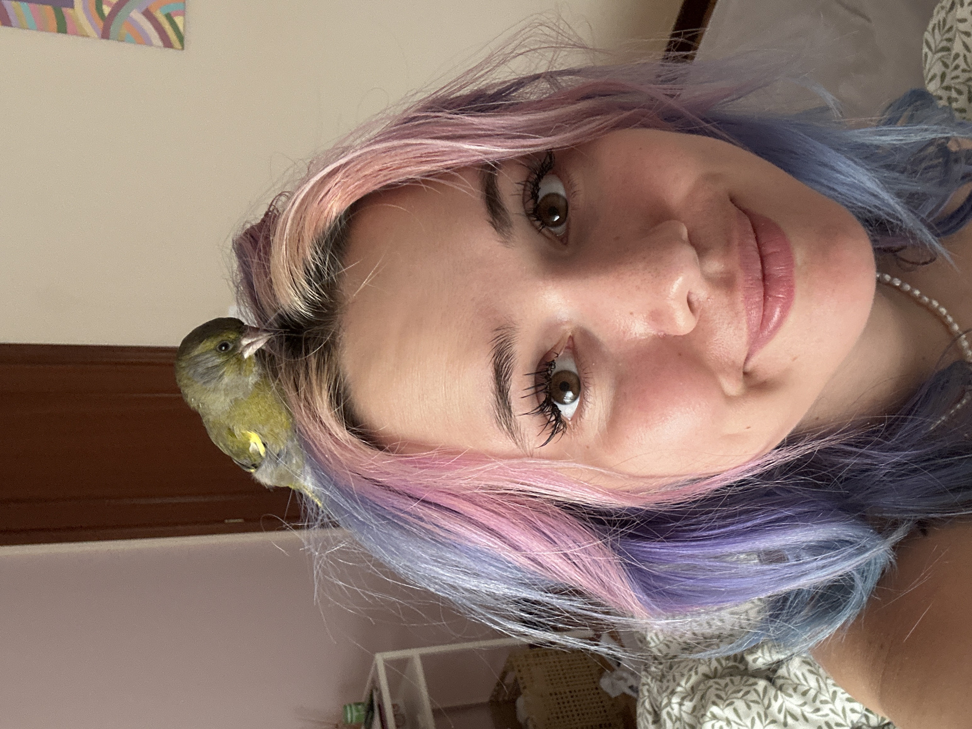 A young woman with pink and purple dyed hair is looking at the camera in a close-up shot. A small green bird is perched on her head. The background shows a bed with a patterned duvet, a shelf with some items, and a door. There is a framed artwork on the wall. The scene appears to be indoors, likely in a bedroom.