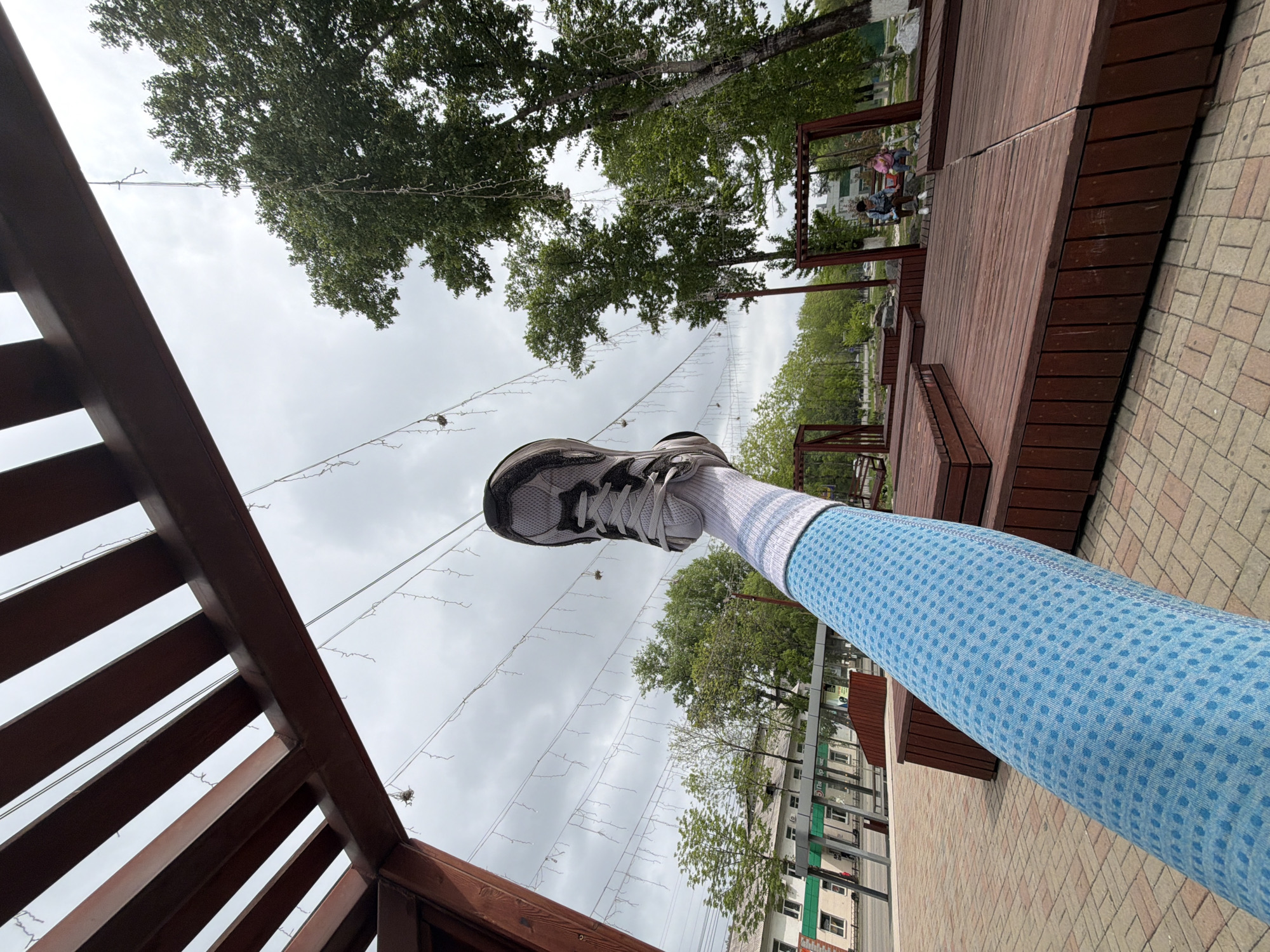The image presents a ground-level view looking upward, possibly taken while lying on a wooden surface. A person's leg, clad in a blue dotted pattern leggings and a white sock with stripes, is extending upwards. A gray and black athletic shoe is visible at the top of the leg.
The background reveals an outdoor setting on an overcast day. A wooden structure, likely a gazebo or part of a public space, is partially visible in the foreground. Above the leg, a network of string lights hangs suspended against the cloudy sky and interspersed with trees.
In the distance, buildings and greenery are discernible, suggesting an urban environment. Based on prior knowledge, the location can be identified as Birobidzhan, Russia. Other elements include people sitting on a swing in the distance.
