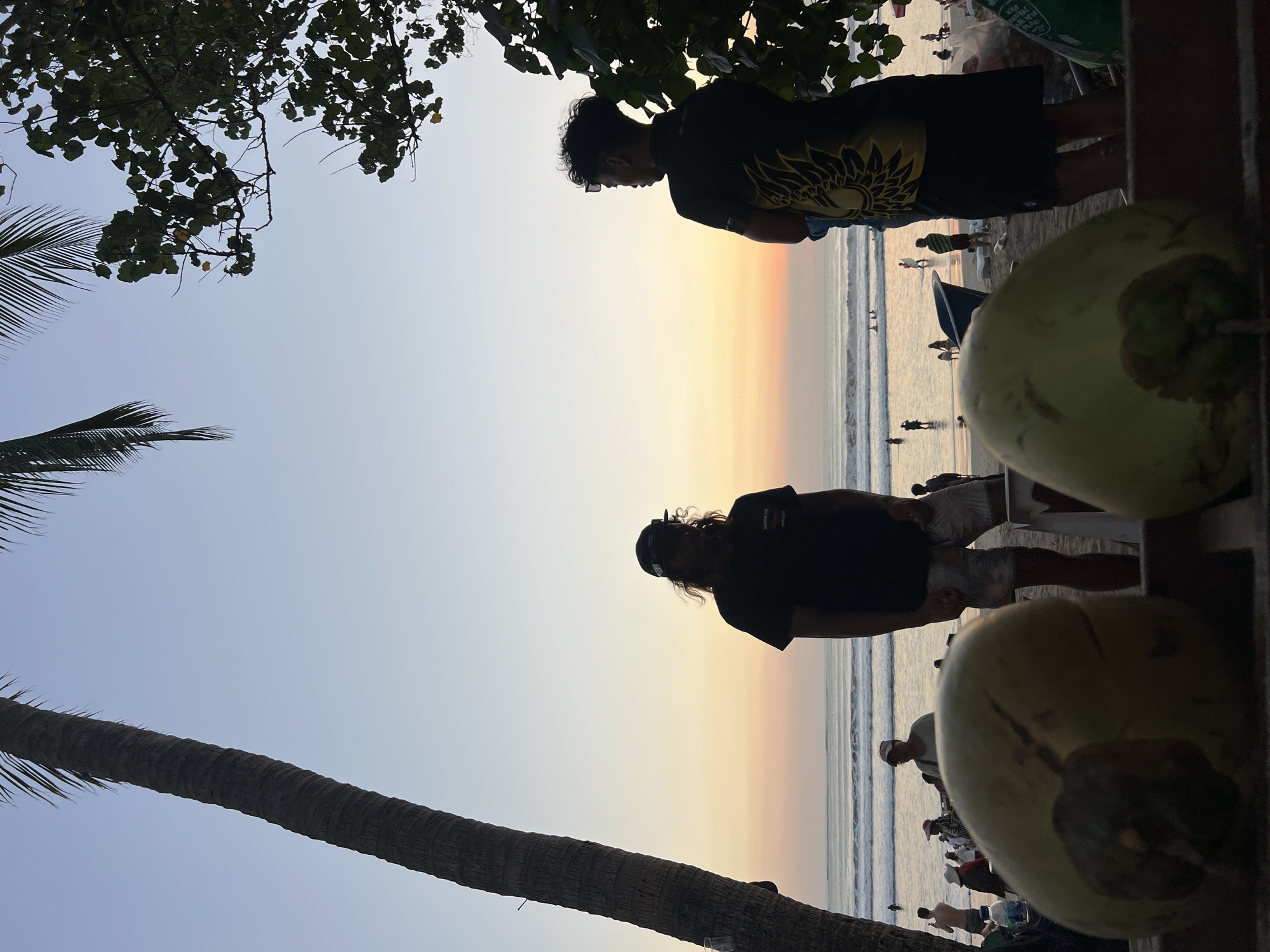 At sunset on Kuta Beach, Indonesia, two men stand on a beachside, facing the ocean, with a palm tree and leafy branches framing the scene. In the foreground, two coconuts rest on a surface. The ocean waves gently roll in, and several people are visible in the water and on the sand. The sky is a soft gradient of orange and blue, indicative of twilight.