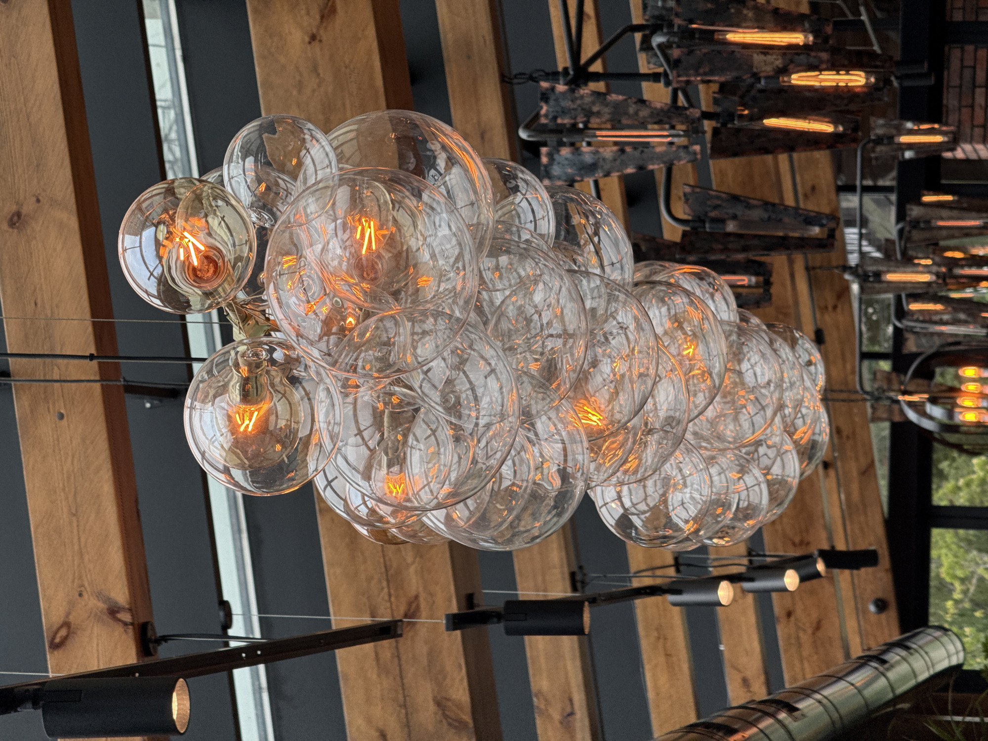 This detailed image captures an indoor commercial or public space, likely a restaurant or cafe, located in Izhevsk, Russia. The primary subject is a large, ornate chandelier centrally positioned, comprising numerous clear glass spheres of varying sizes. These spheres are clustered together, many containing glowing, warm-orange filament bulbs, giving the impression of illuminated bubbles. Reflections of the surrounding environment are visible on the glass surfaces of the spheres.
The ceiling features prominent light brown wooden beams running horizontally across the upper portion of the frame, interspersed with darker structural elements. Hanging from the ceiling on the left are multiple black cylindrical track lights, emitting focused warm light downwards. Further left, a silver corrugated metal air duct runs horizontally.
On the right side of the frame, a distinct, more industrial-style chandelier is partially visible. It consists of multiple dark, possibly distressed metal components, each housing a vertical, glowing tubular filament bulb. Below this fixture, a reddish-brown brick wall is evident. The background, particularly in the lower left, shows out-of-focus green foliage, suggesting a view to the outside through a window or opening. No people are present in the scene.