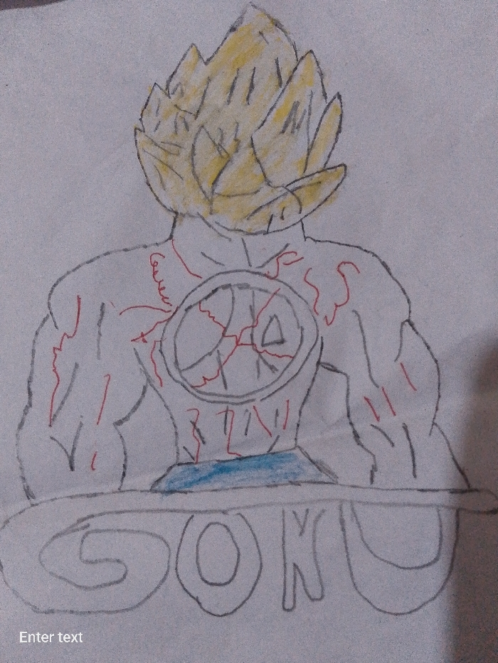 The image is a hand-drawn color pencil rendering of a character identified by the name "Goku" written at the bottom of the drawing. The character is depicted with spiky, yellow hair, suggesting the Super Saiyan transformation from the Dragon Ball franchise. The character has muscular arms and veins are drawn in red on the arms, chest, and around a circular symbol at the center of the chest. This drawing is located in the city of Unknown, Unknown.
