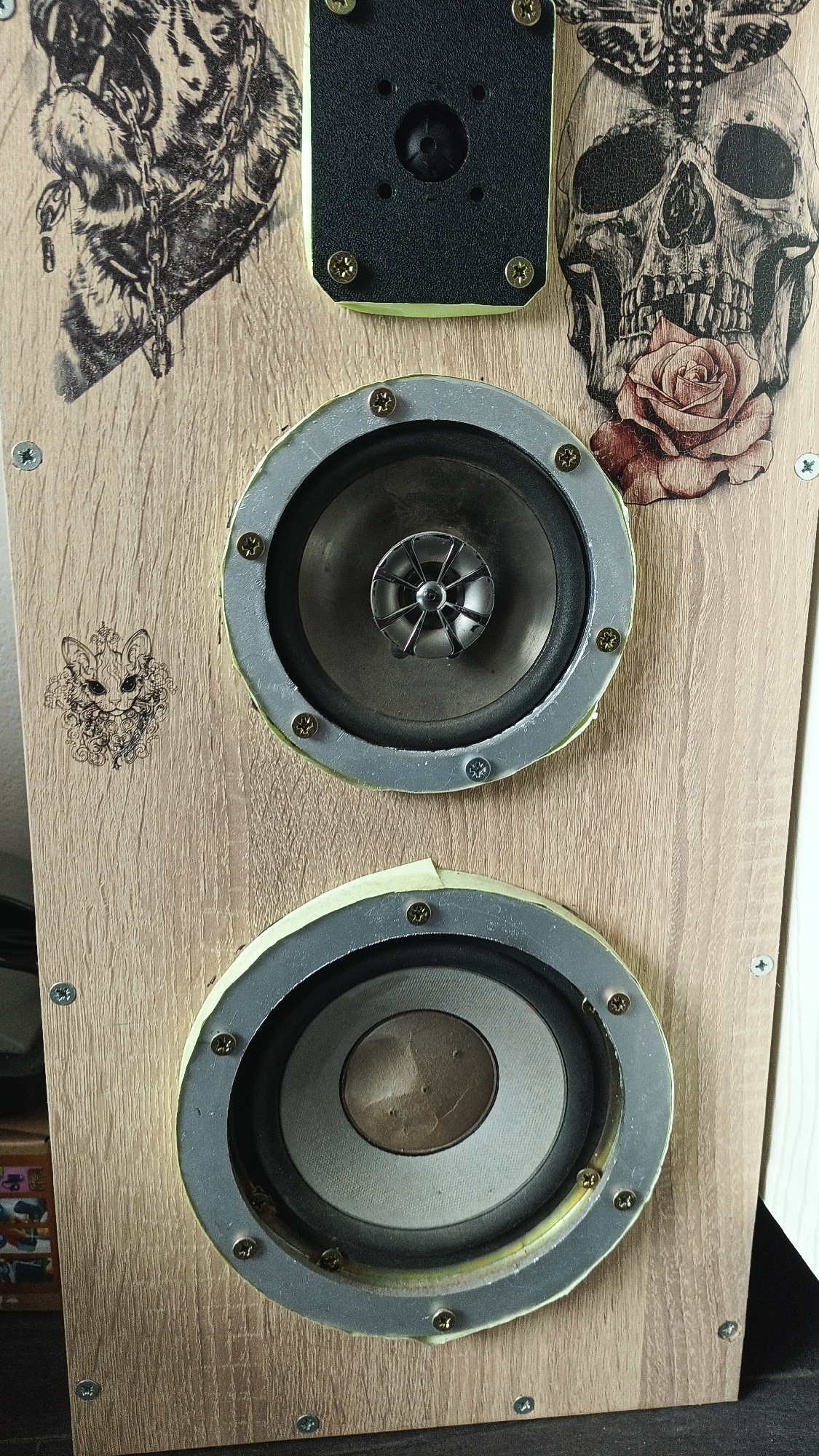 The image shows a close-up of a speaker cabinet, likely homemade, made of wood. Two circular speakers are visible, secured with screws and painted gray. A black, square element is placed above the top speaker, also secured with screws. The wood surface has decorative images printed on it, including a tiger, a skull with a rose, and a cat. The location is unknown.