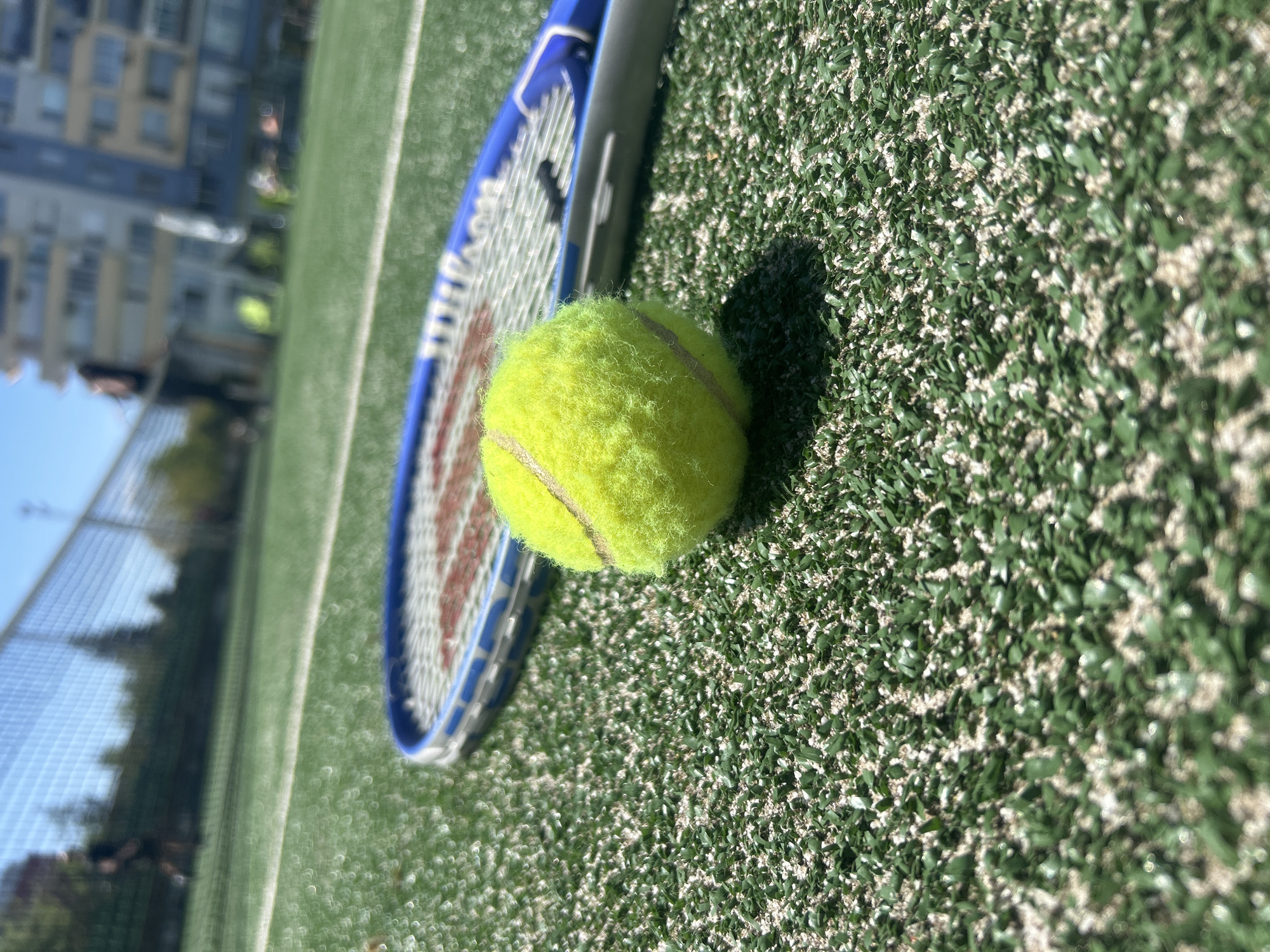 The media file presents a close-up, ground-level shot of a tennis court in Veliko Tarnovo, Bulgaria, under bright, clear conditions. The main subjects are a vibrant yellow tennis ball and a blue and white tennis racket, both resting on artificial green turf.
The tennis ball, with its characteristic fuzzy texture, is prominently featured in the foreground, casting a sharp shadow to its right, which indicates strong, direct sunlight. Adjacent to the ball, a tennis racket is partially visible, laid diagonally across the frame. Its frame is blue, and the strings are white, with faint red markings or text barely discernible on the strings.
The setting is an outdoor tennis court, characterized by its green artificial turf, which appears to be composed of small, short blades interspersed with lighter-colored infill material. A white court line is visible further back on the green surface. In the blurred background, a mesh fence stretches along the left side, beyond which out-of-focus buildings with numerous windows and some trees suggest an urban or suburban environment. Faint, blurred figures can also be seen in the distance, hinting at other people present at the venue. The bright lighting and clear shadows suggest it is daytime, likely morning or afternoon. No explicit text is clearly legible on the racket or elsewhere in the image.
