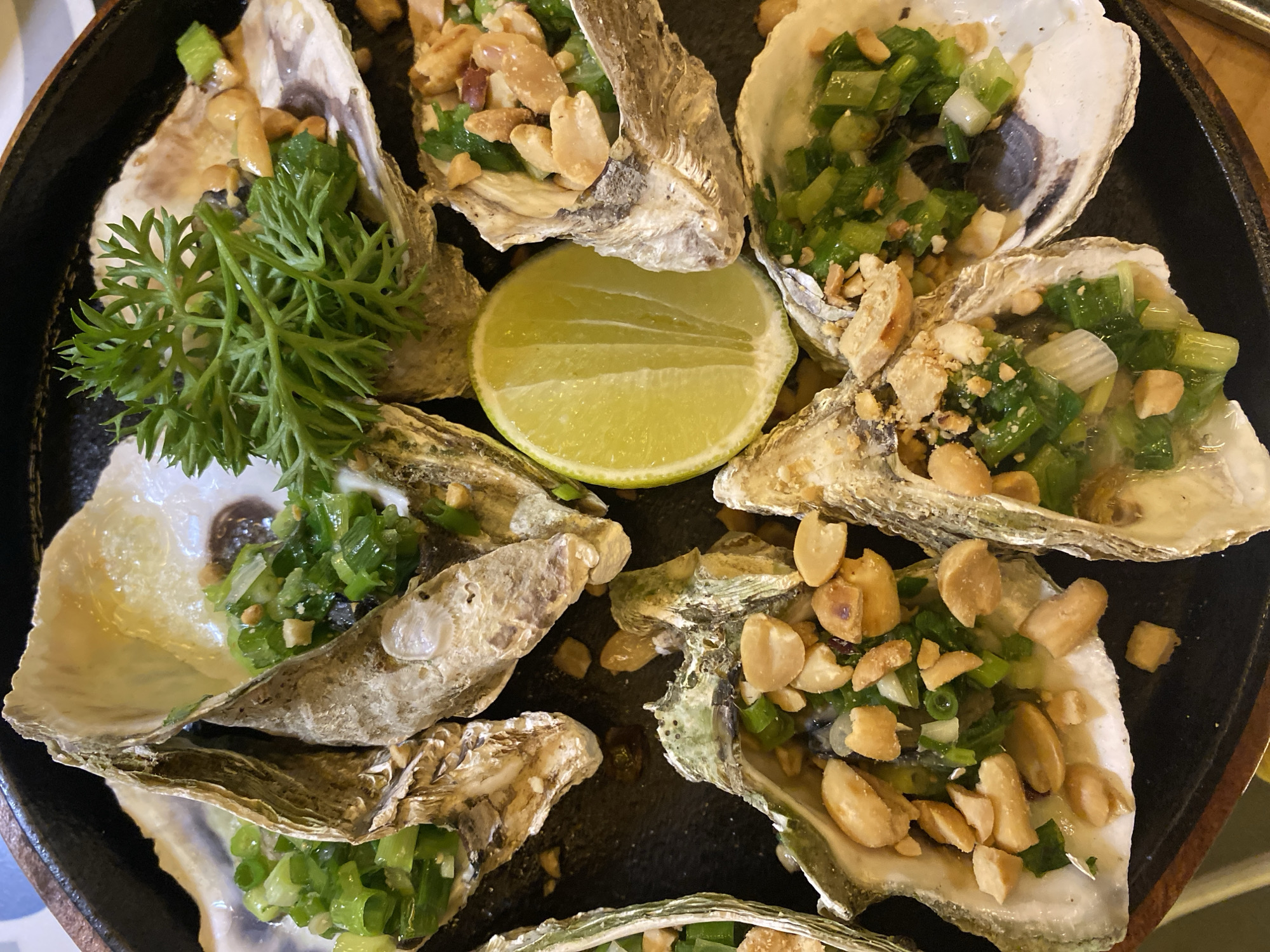An overhead shot captures a close-up of a serving of baked oysters on a dark plate. The oysters are presented in their shells, with a generous topping of chopped green onions and crushed peanuts. A slice of lime is placed in the center, and a sprig of fresh herb garnishes one of the oysters. The oysters are arranged in a circular pattern, with some shells overlapping. The dark plate suggests the oysters may have been served from a grill or sizzling platter. The setting is likely a restaurant in Nha Trang Ward, Vietnam, given the local popularity of this dish. There are no people visible in the image, and the focus is entirely on the food.