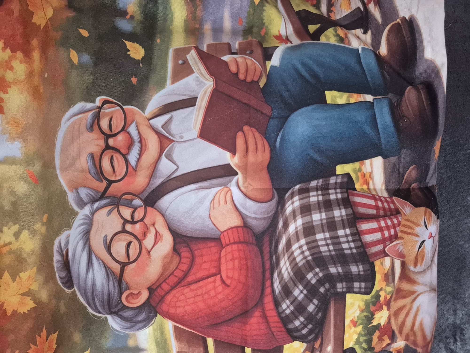 The image depicts an illustration of an elderly couple sitting on a park bench, engrossed in reading a book. The scene is set in an autumnal environment, with falling leaves and a warm, golden color palette. The man, on the right, wears glasses, a white shirt with suspenders, and blue jeans, holding an open book. The woman, to his left, also wears glasses and a red sweater, leaning her head on his shoulder. A striped cat rests peacefully on the ground in front of them. The style of the illustration is cartoonish and heartwarming. The location in the city of Зелёный Бор, Russia is not discernible from the image itself.
