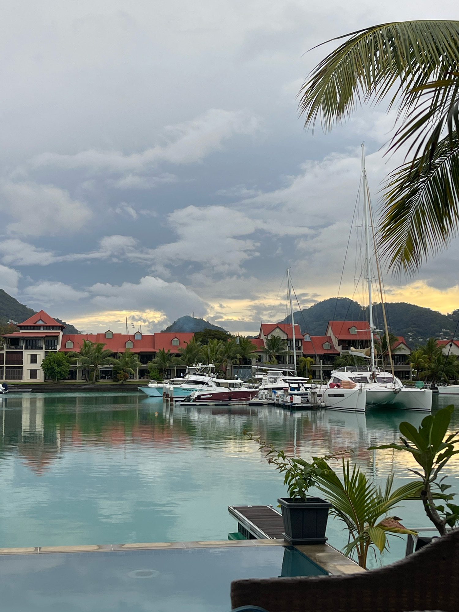The image depicts a tranquil waterfront scene in the city of Victoria, Seychelles. A modern marina is filled with various boats, including white catamarans with tall masts, smaller motorboats, and a light blue vessel. The boats are docked alongside a walkway. In the background, a resort-style building complex features red-tiled roofs and multiple stories, set against a backdrop of lush green hills and mountains. The sky is overcast with dramatic clouds, hinting at either an approaching storm or the aftermath of one, with streaks of yellow light suggesting either sunrise or sunset. The calm, turquoise water of the marina reflects the buildings and the sky. In the foreground, the edge of an infinity pool is visible, with potted plants and palm fronds framing the view, indicating a luxury resort or private residence. No people are visible in the image.