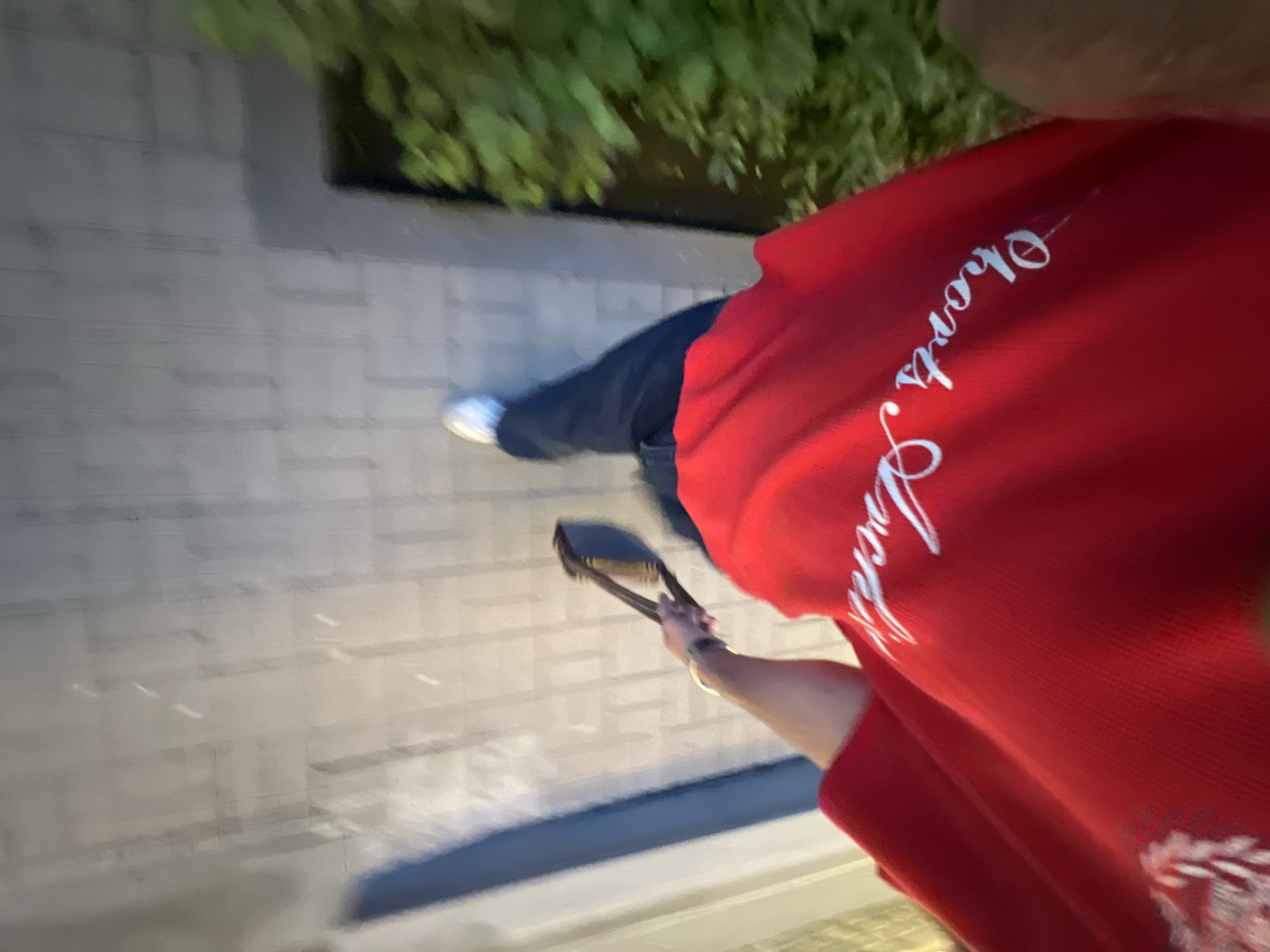 A first-person perspective shot shows a person in a red sweatshirt holding a pair of metal tongs in their right hand. The person is walking on a paved sidewalk, with some greenery to the right and a blue object on the left. The text on the sweatshirt reads "sports shorts". The image is blurry, suggesting motion blur. The location is not identifiable from the image.
