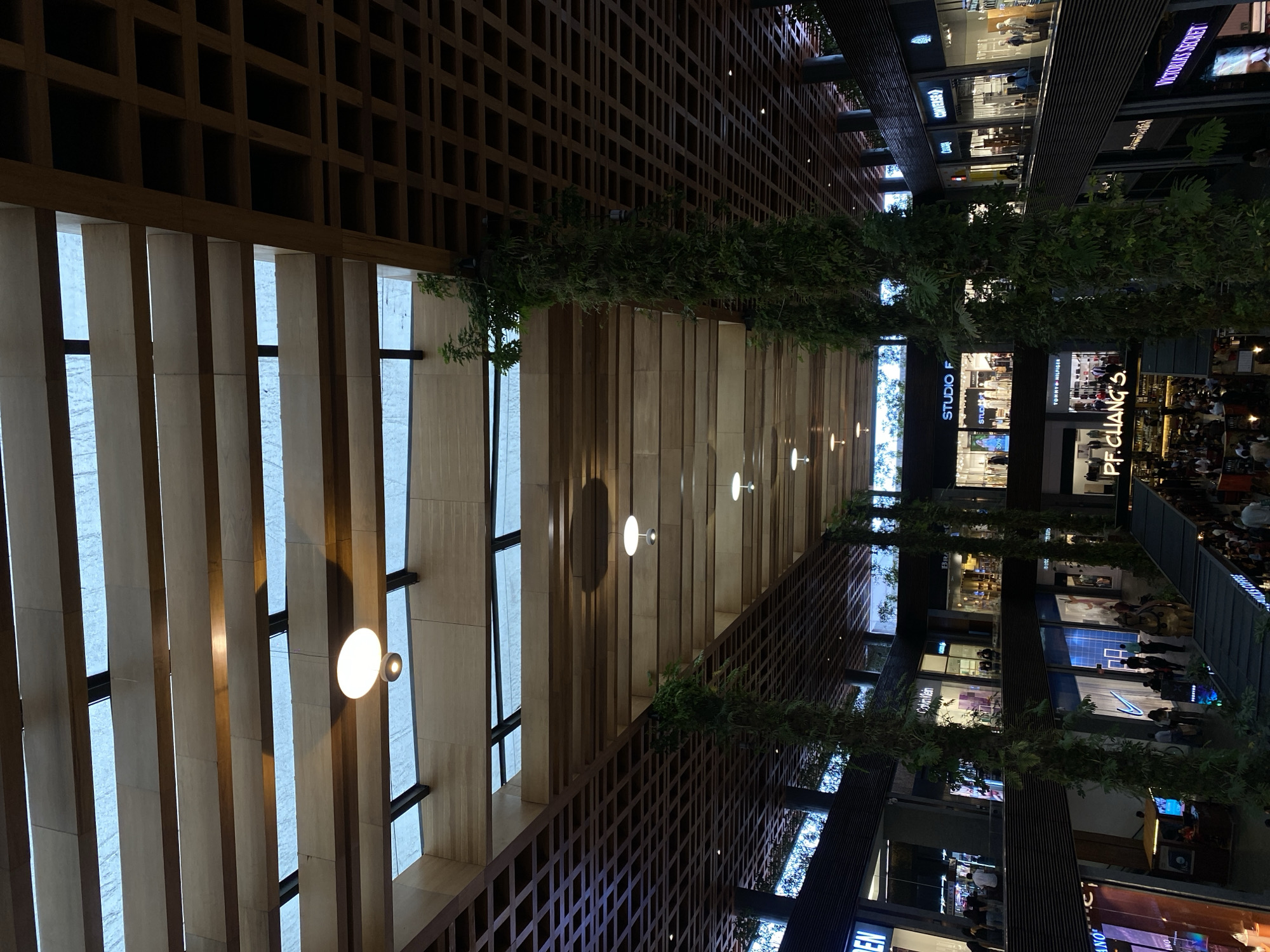 Here is a detailed description of the image:
The image depicts the interior of a modern commercial space, possibly a mall or shopping center in an urban area of Unknown, Unknown. The perspective is angled upwards, capturing a view of the ceiling and upper levels of the structure.
The ceiling features a distinctive design element comprised of parallel, light-colored beams interspersed with illuminated panels. These beams are punctuated by spherical light fixtures. A dark, lattice-like structure lines the sides of the image, adding depth and texture.
Green foliage is strategically placed along the sides of the space, softening the architectural lines and introducing a natural element.
The image shows commercial establishments with glass storefronts on the upper levels, including recognizable brand names like "STUDIO F," "P.F. CHANG'S," "VICTORIA SECRET," and "CONVERSE."
People are visible within the stores and in what appears to be a dining area, suggesting an active commercial environment. There is no particular action or interaction noticeable in the image.
The overall lighting is moderate, with artificial light emanating from the ceiling fixtures and storefronts.