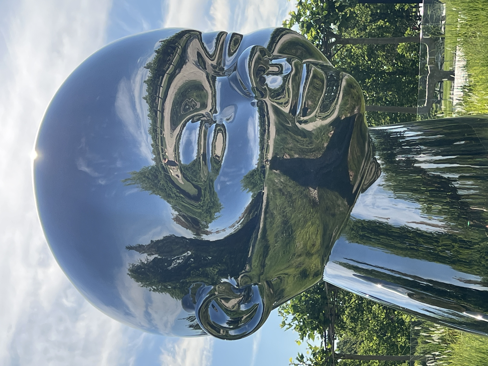 The image is a close-up, low-angle shot of a large, highly polished, metallic sculpture of a baby's head. The sculpture is reflective, mirroring the sky, clouds, trees, and a pathway with people. The environment appears to be a park or garden, with lush green grass and trees in the background, along with a paved walkway. The sculpture is smooth and abstract in its depiction of the facial features. The bright sunlight creates reflections and highlights on the metallic surface. This sculpture is located in the city of Krasnodar, Russia, specifically in the "The First Forest" sculpture park, within the park "Krasnodar".