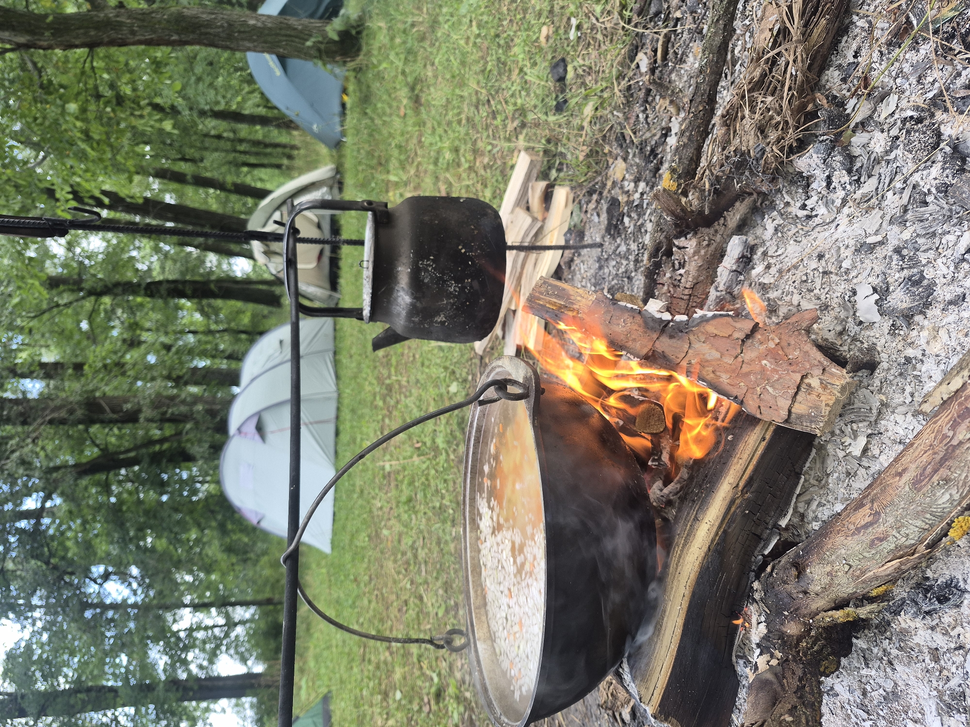 In Noviy, Russia, a campsite is set up in a wooded area with multiple tents visible in the background. In the foreground, a campfire burns, with a large cauldron of food suspended over it. A black kettle on a stand is also near the fire. The ground is covered in grass and fallen leaves, and the trees suggest a natural, outdoor setting. The scene depicts a cooking setup for camping.