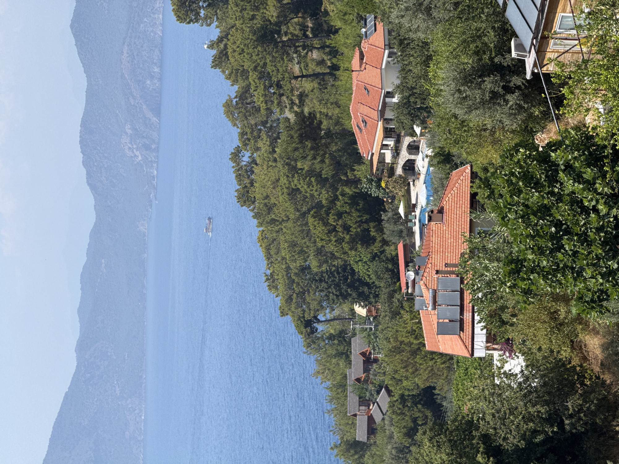 This is a vertical, eye-level, medium shot of a coastal landscape in Fethiye, Turkey. The image features the serene blue waters of the sea meeting a lush green coastline dotted with buildings. The sea stretches to the left, with a hazy, mountainous coastline in the far distance. A boat is visible on the water, suggesting a calm day for maritime activity.
On the right side of the image, nestled amongst dense trees and foliage, are several buildings with terracotta tiled roofs. These appear to be houses or a resort complex. One prominent building features solar panels on its roof, indicating a focus on renewable energy. Another building has arched windows and balconies, hinting at a Mediterranean architectural style. The vegetation is vibrant and dense, with large trees and smaller bushes creating a rich green tapestry that almost entirely conceals some of the structures.
The scene is bathed in bright, natural sunlight, suggesting it is daytime, likely late morning or early afternoon given the quality of light. The weather appears clear and pleasant, contributing to the tranquil atmosphere. The overall impression is one of a beautiful, sun-drenched coastal retreat, combining natural beauty with comfortable accommodations. No text is visible in the image.
