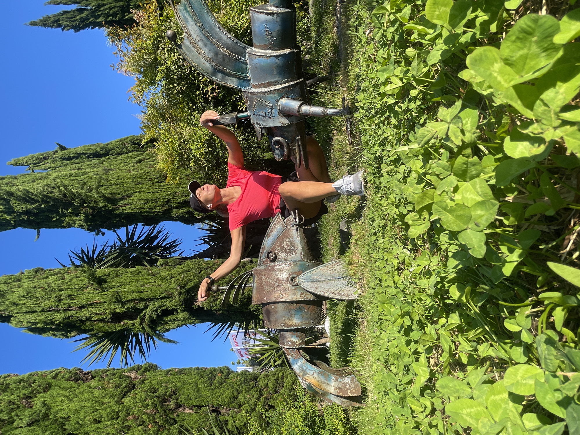 This image, taken in Sochi, Russia, depicts a vibrant outdoor scene on a clear, sunny day. The central subject is a woman, appearing to be in her 40s or 50s, playfully interacting with a large, weathered metal sculpture. She is dressed in a bright red short-sleeved top, dark shorts, and grey sneakers, with a black baseball cap worn backward. Her head is tilted back, and she looks upward with a joyful or amused expression, her arms extended as if engaging with the sculpture.
The sculpture, crafted from metal, exhibits rust and a faded greenish-blue patina, taking the form of a stylized fish or sea creature with fins, a tail, and a cylindrical body. It rests on a lush ground covered in green grass and clover, bathed in bright sunlight which casts clear shadows.
In the background, tall, slender evergreen trees, possibly cypress or juniper, reach towards a cloudless blue sky, adding depth and a Mediterranean feel to the setting. Other leafy green plants, including what appears to be a yucca, are also visible. A white sign with the text "COHN" is partially visible in the distance. The overall impression is one of leisure and cheerfulness on a pleasant day.