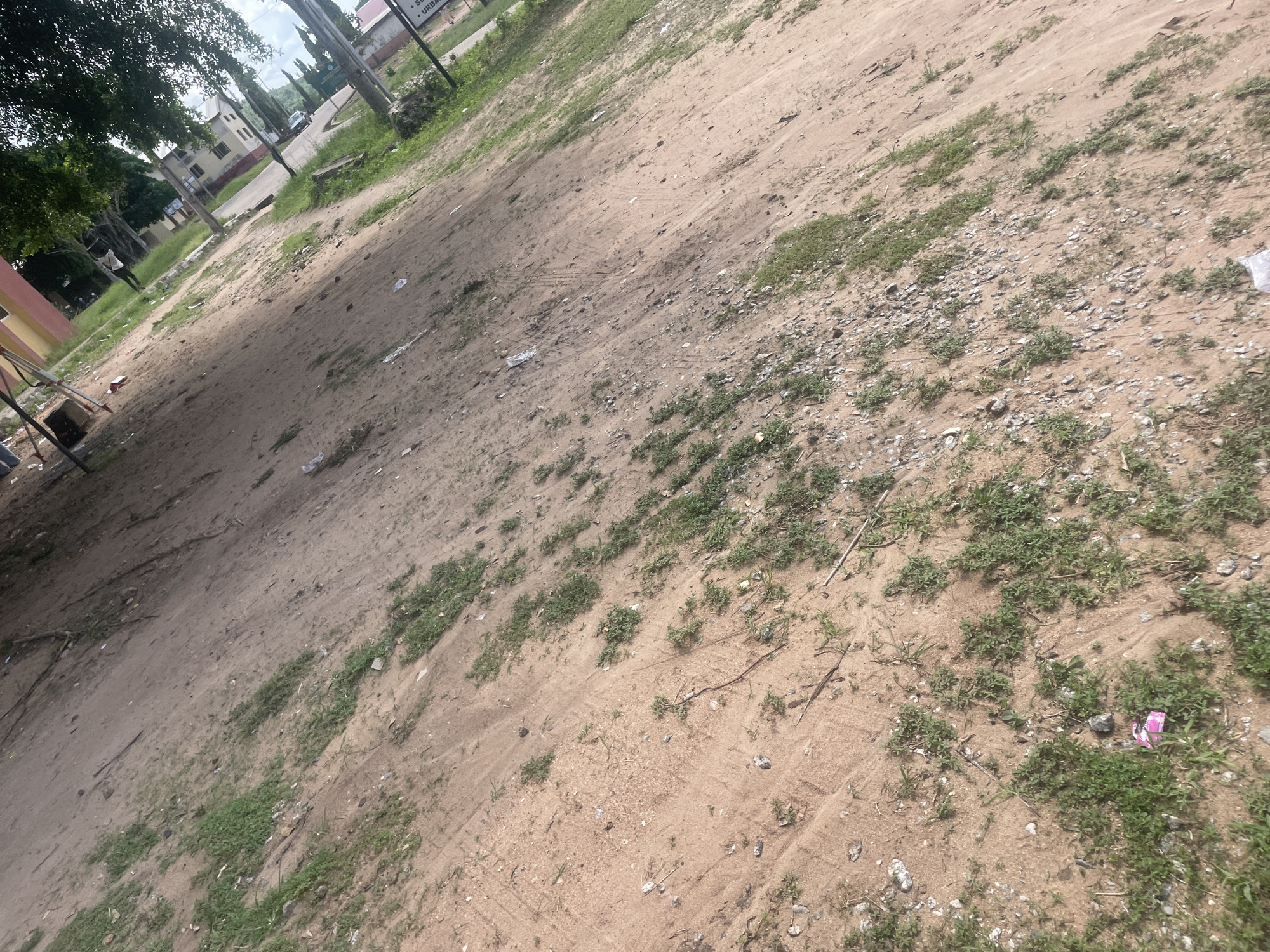 The image depicts an outdoor scene in Lokoja, Nigeria. The foreground is dominated by a dirt ground with sparse patches of green grass and scattered debris, including small stones, twigs, and pieces of litter such as plastic wrappers. In the background, a paved road is visible, lined with trees and buildings. Some of these buildings appear to be of a residential or institutional nature, with a car parked along the roadside. The overall environment suggests an urban or semi-urban setting that might be experiencing some level of neglect due to the presence of litter and unkempt vegetation. The lighting suggests it is daytime.