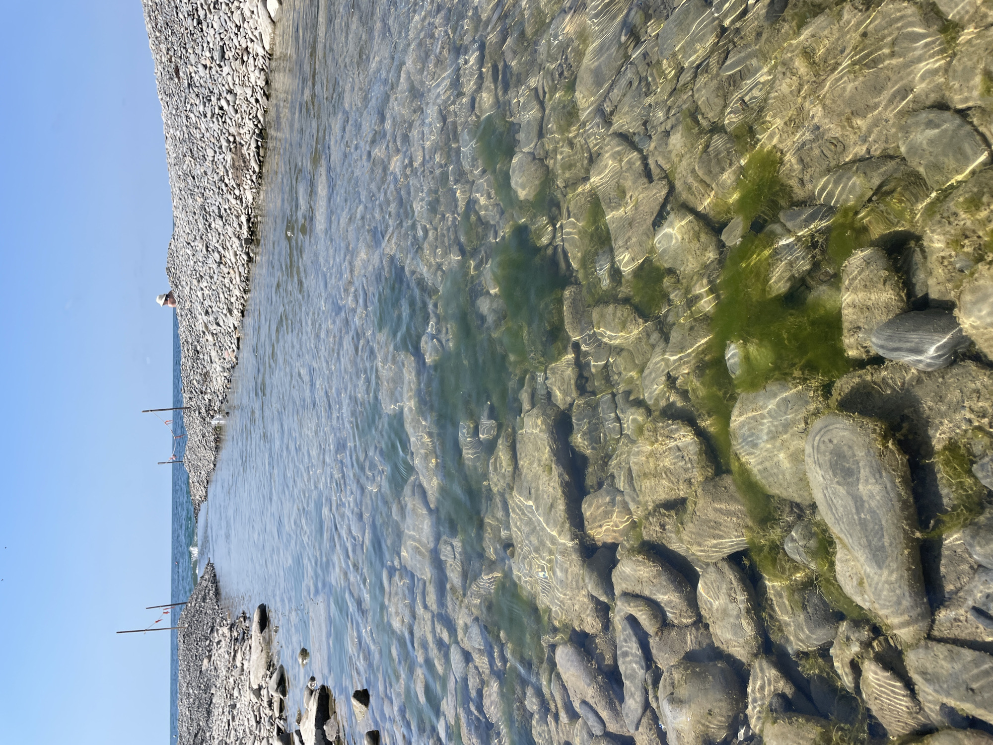 A clear, shallow stream flows through a rocky beach towards the sea. The stream bed is composed of smooth, rounded stones of various sizes, some of which are partially covered in green algae. Sunlight glints off the water's surface, creating shimmering patterns on the stones below. On either side of the stream, the beach is made up of larger piles of grey and white pebbles. Two wooden posts with orange flags are visible on the left side of the stream, marking the edge of a rocky embankment. In the distance, the blue sea meets a clear blue sky. A person wearing a straw hat is partially visible sitting on the pebble beach on the right side of the image. The scene is likely a natural landscape in the vicinity of Dyurso, Russia, characterized by its coastal topography.