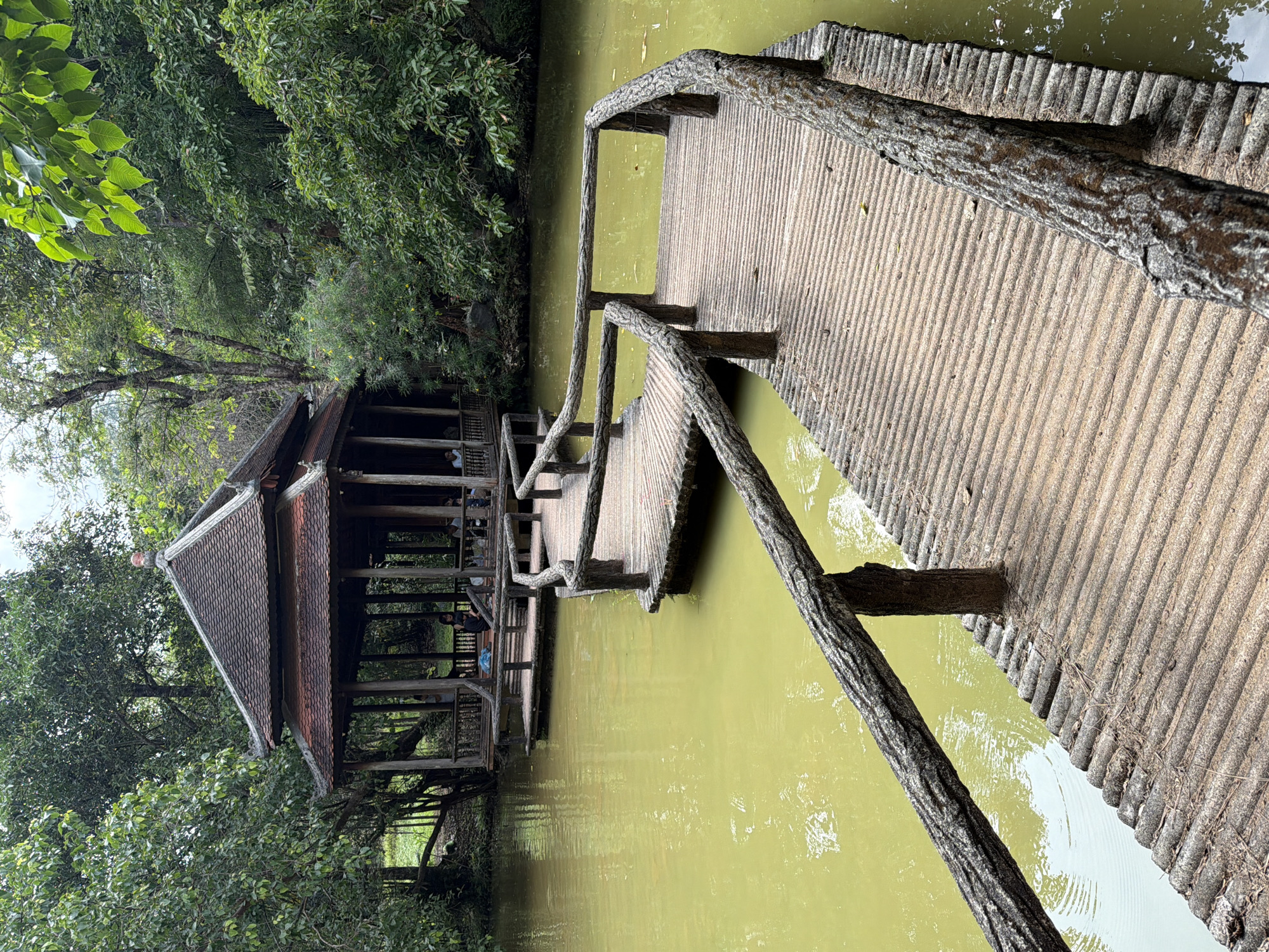 The image depicts a wooden bridge leading to a traditional Vietnamese pavilion in a pond located in Thủy Xuân Ward, Vietnam. The bridge has a textured surface and faux-wood railings. The water is murky green. The pavilion has a multi-tiered, sloping roof covered in dark brown tiles. Lush green trees surround the pond and pavilion. People are visible inside the pavilion.