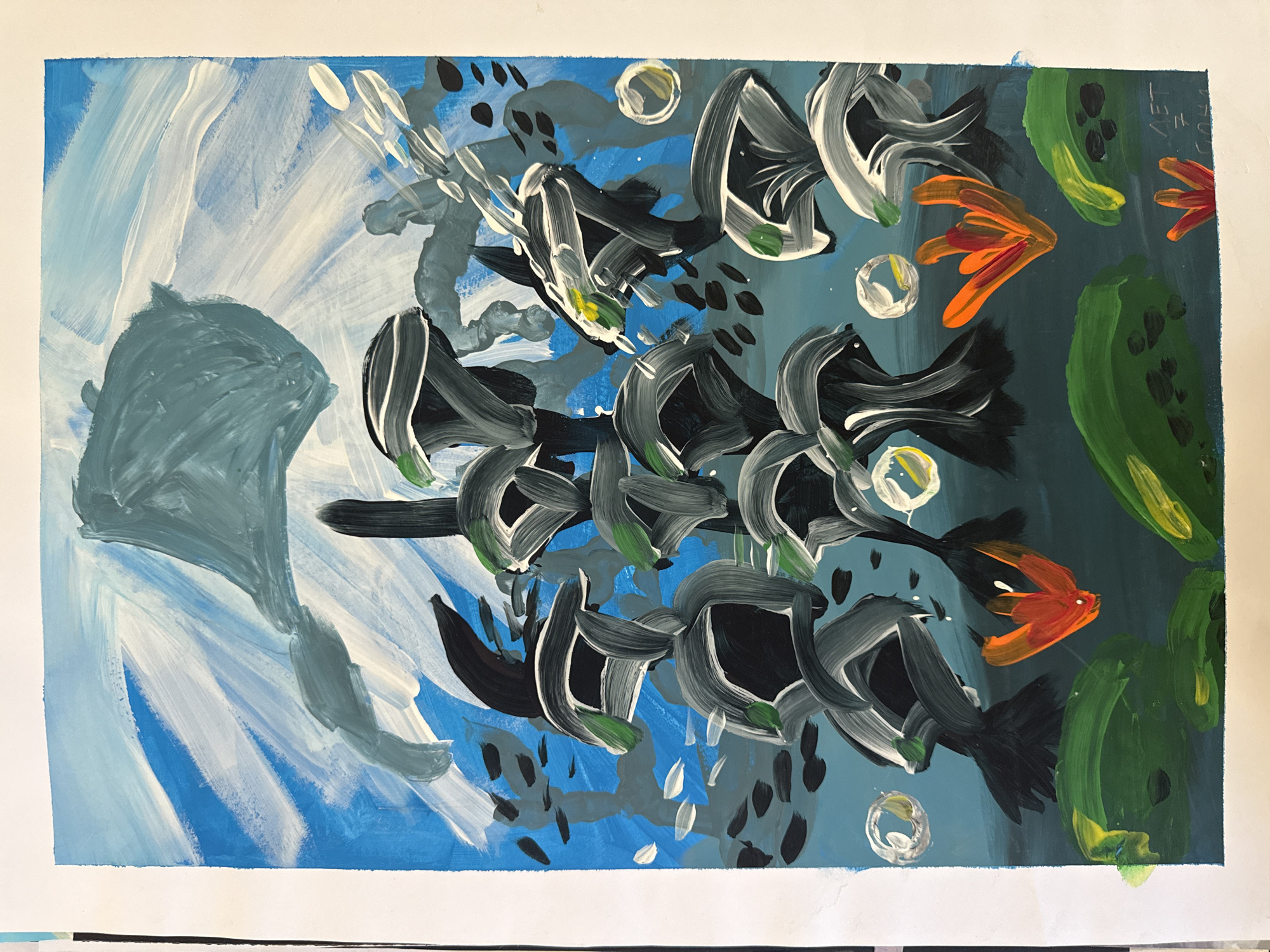 The image is a painting depicting an underwater scene. On the left side, a gray-blue form possibly represents a large fish or a rock formation. Radiating white and blue strokes suggest light filtering through the water. In the central part of the image, there's a cluster of stylized black and white shapes that might represent a school of fish or underwater vegetation. These shapes are accompanied by scattered black spots and white circles that could be bubbles or particles in the water. On the right side, large green shapes are visible, possibly representing lily pads or other aquatic plants. Orange shapes, potentially stylized fish, are positioned among the green shapes. The background is a gradient of blue tones, indicating the depth of the water. The city and specific location are unknown based on the image.