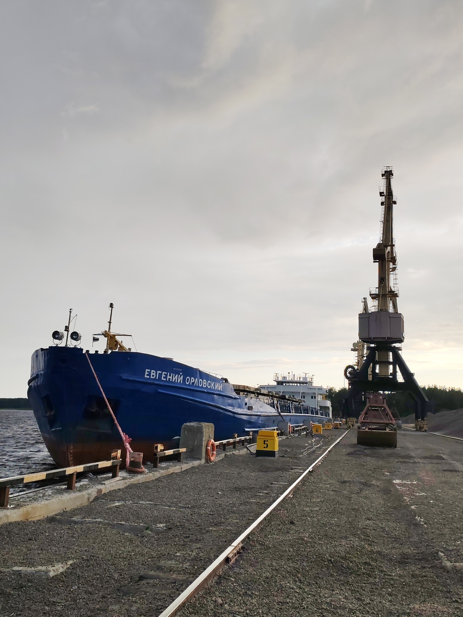 In Shal'skii, Russia, a blue cargo ship named "ЕВГЕНИЙ ОРЛОВСКИЙ" is docked at a port. The ship is tied to a concrete pier with mooring ropes. A large industrial crane is positioned next to the ship, with its grab bucket lowered towards the ground. The pier is covered in gravel, and there are railroad tracks running alongside it. In the background, there is a body of water and a forest. The sky is overcast.