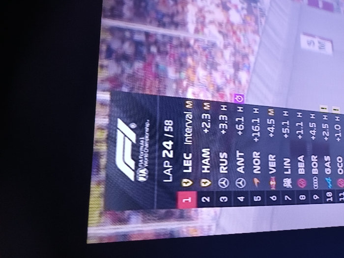 The image is a photograph capturing a screen displaying a Formula 1 race interface, occupying approximately the lower two-thirds of the frame. The upper third of the frame is dark, representing an unlit area outside the screen display. The screen content features the 'FIA Formula 1 World Championship' logo at the top center, immediately above the text 'LAP 24 / 58'. Below this, a leaderboard shows eleven driver positions: 1st LEC (Ferrari logo, 'Interval M'), 2nd HAM (Mercedes logo, '+2.3 M'), 3rd RUS (Mercedes logo, '+3.3 H'), 4th ANT (Mercedes logo, '+6.1 H', accompanied by a purple square icon), 5th NOR (McLaren logo, '+16.1 H'), 6th VER (Red Bull Racing logo, '+4.5 M'), 7th LIN (Alpine logo, '+5.1 H'), 8th BEA (Ferrari logo, '+1.1 H'), 9th BOR (Audi logo, '+4.5 H'), 10th GAS (Alpine logo, '+2.5 H !'), and 11th OCO (Alpine logo, '+1.0 H !'). The background of the displayed interface, visible through the semi-transparent leaderboard, consists of a blurred image of a race track grandstand filled with numerous spectators. The photograph itself does not provide visual cues to identify a specific physical location within the city of Libramont, Belgium; it solely depicts a screen displaying race data.