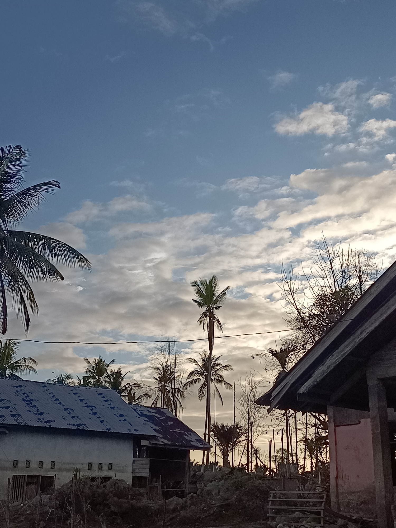 A serene, low-angle outdoor shot captures the sky over Meunasah Raya, Indonesia, at what appears to be dusk or dawn. The sky is a gradient of deep blue at the top, transitioning to lighter shades with scattered white and grey clouds towards the horizon. Several palm trees are visible, with their fronds framing the upper left and middle portions of the image. One tall palm tree stands prominently in the center, its silhouette sharp against the cloudy sky. On the right side of the image, the weathered, dark roof of a building angles downwards, its edge defined against the softer background. To the left, a building with a corrugated metal roof, likely a house or shed, is partially visible. The foreground is cluttered with dark, earthy mounds and some visible debris. Bare branches of trees and more palm trees are scattered throughout the scene, creating a natural and somewhat rustic atmosphere. The overall impression is one of peaceful, rural Indonesian landscape.