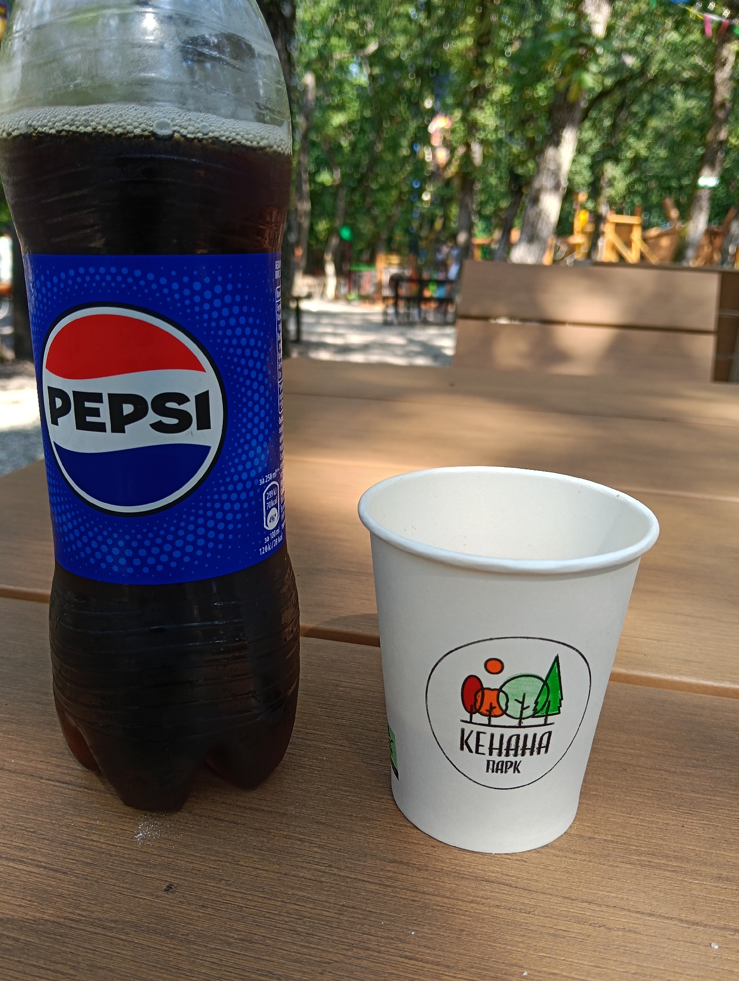 In Haskovo, Bulgaria, a close-up outdoor shot features a Pepsi bottle and a paper cup on a wooden table. The Pepsi bottle, partially full of dark liquid, displays its iconic blue and red logo. Adjacent to it, a white paper cup bears a circular emblem with stylized trees and the Cyrillic text "КЕНАНА ПАРК". The background is blurred, revealing a park-like setting with trees and distant figures, suggesting a public recreational area. Sunlight filters through the foliage, casting dappled shadows.