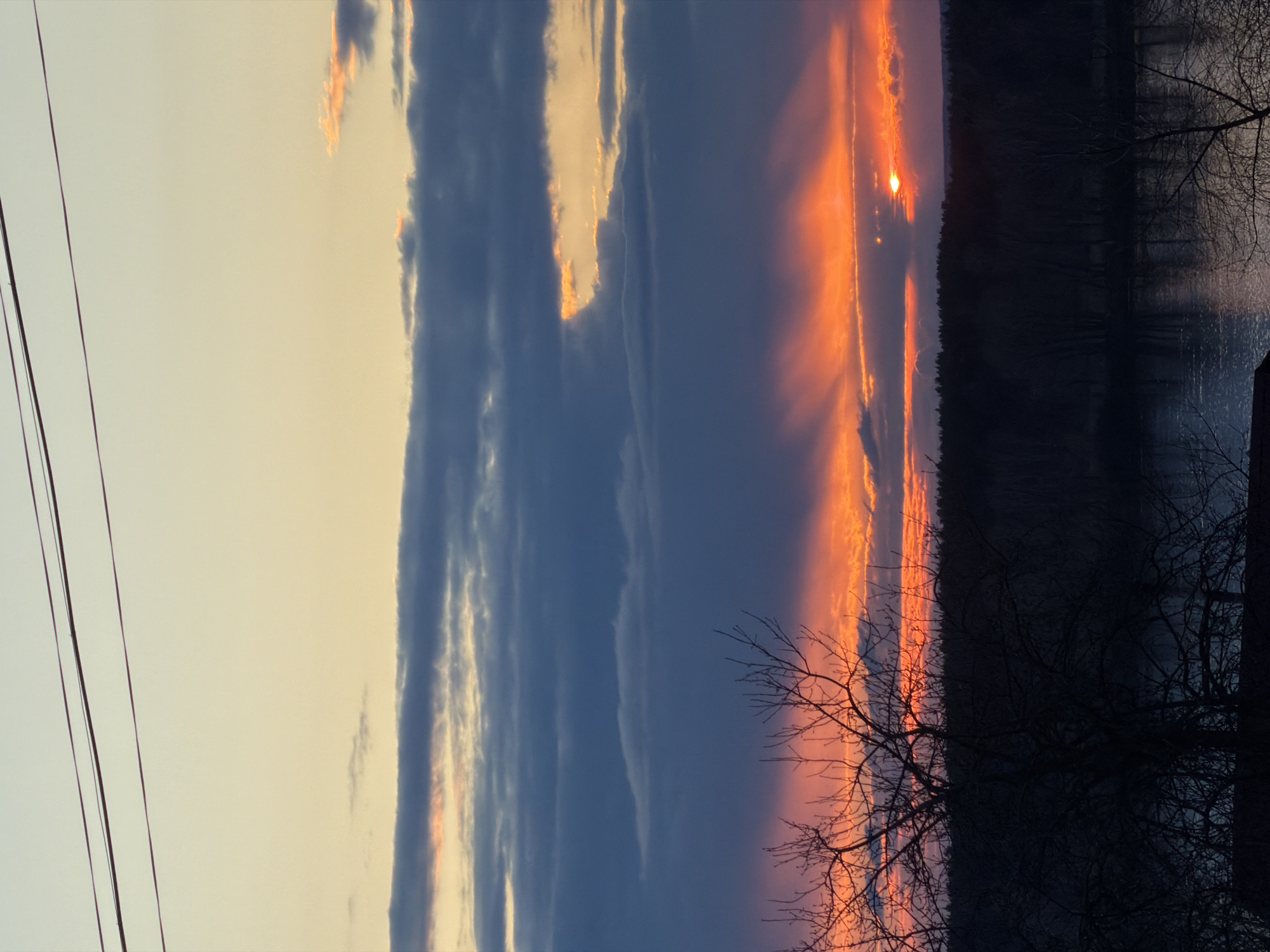 This image captures a dramatic sunset or sunrise over a body of water in Chaikovsky, Russia. The sky is a prominent feature, displaying a striking gradient of colors from soft golden yellow on the left, transitioning through deep blues and purples, to intense oranges and reds where the sun is positioned. The sun, a bright circular orb, is visible near the horizon on the right side, casting warm, fiery light onto the clouds.
Clouds are scattered across the sky, with some appearing as dark, elongated bands against the brighter hues, while others are illuminated with golden and orange edges, reflecting the sun's light. Below the horizon, a dark silhouette of a forested landscape extends across the frame, suggesting dense trees bordering the water. The water itself appears dark and reflective, mirroring some of the sky's muted tones.
In the foreground, particularly on the right and bottom right, the intricate, bare branches of a tree are silhouetted against the vibrant sky, adding a sense of depth and natural framing. Additionally, in the upper left corner, several power lines or utility wires cut diagonally across the lighter sky. The overall impression is one of serene beauty and natural drama at either dawn or dusk. No visible text is present in the media.