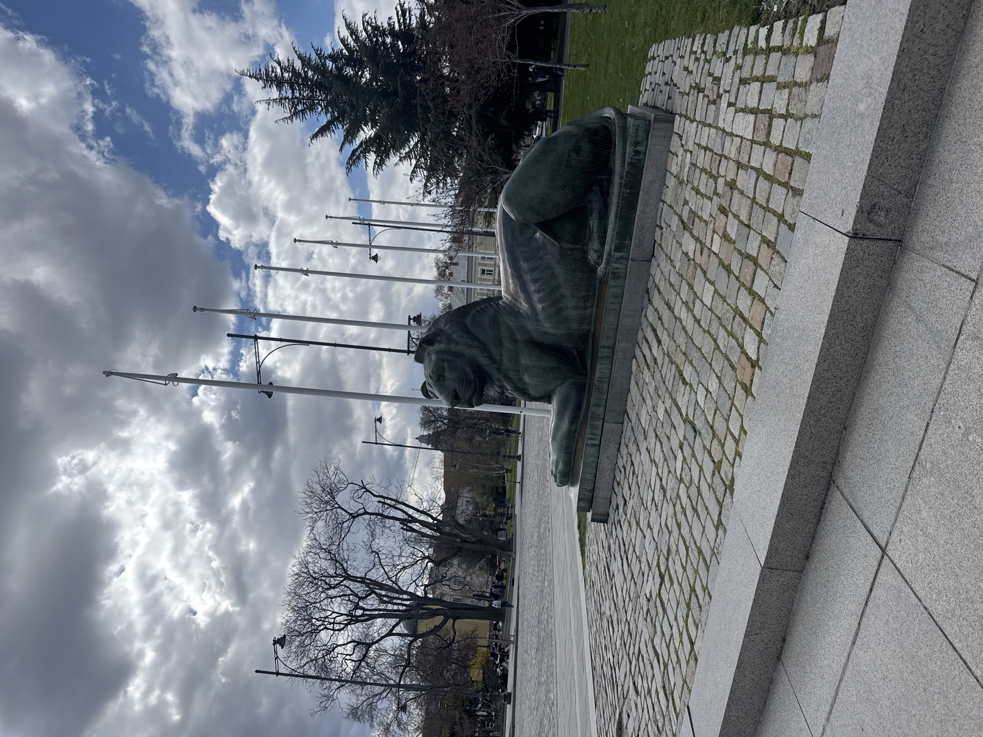 The image depicts a bronze lion statue, part of the Monument to the Unknown Soldier, located in Sofia, Bulgaria. The statue rests on a stone pedestal, adjacent to a cobblestone path and a gray stone step. In the background, a row of flagpoles stands against a cloudy sky. Bare trees and buildings are visible in the middle distance, indicating a park-like setting. The scene appears to be captured during the daytime.