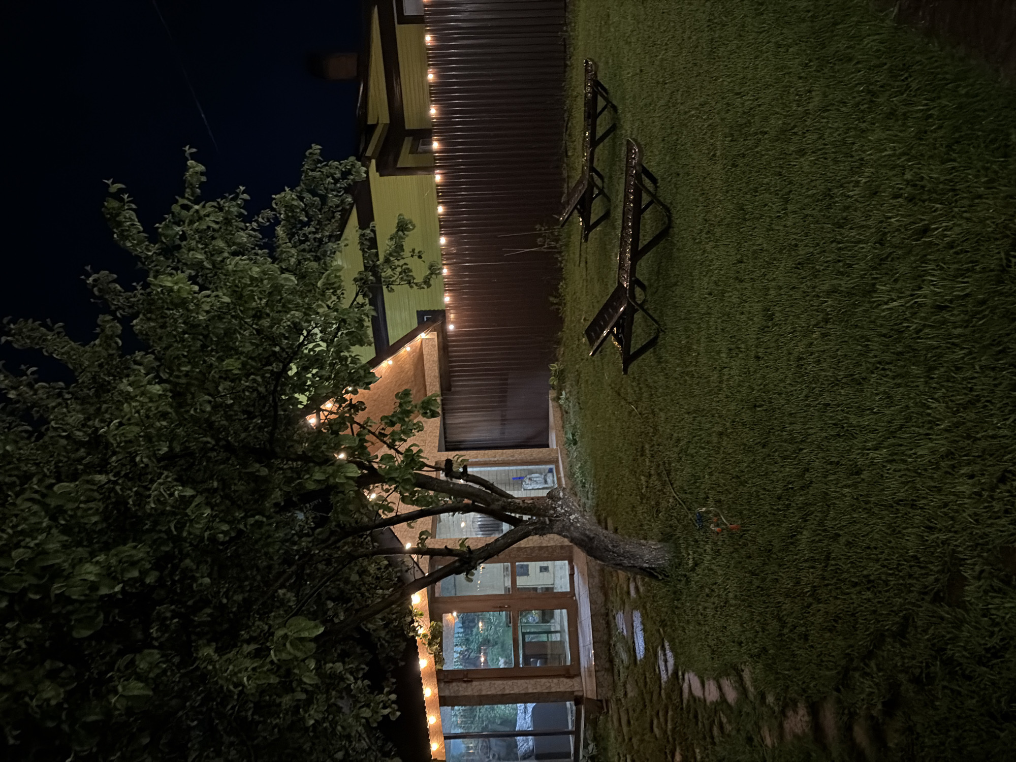 This image captures a residential backyard scene at night in Chaikovsky, Russia, illuminated by various artificial light sources. The foreground consists of a well-maintained grass lawn traversed by a path of irregular stepping stones leading towards a building on the left. A prominent tree, possibly deciduous with dense green foliage, stands centrally in the midground; its lower branches are adorned with warm-toned string lights. Behind the tree and to its left, a building with a textured light-colored facade features large glass windows and doors, revealing an illuminated interior with furniture. String lights are also draped along the roofline of this building. To the right, two dark-colored, reclining lounge chairs are positioned on the grass. A dark brown, corrugated metal fence spans the midground horizontally, also decorated with string lights along its top edge. In the background, above the fence, portions of a house with yellow-green siding and dark trim are visible under a dark night sky. No individuals or animals are present in the scene.