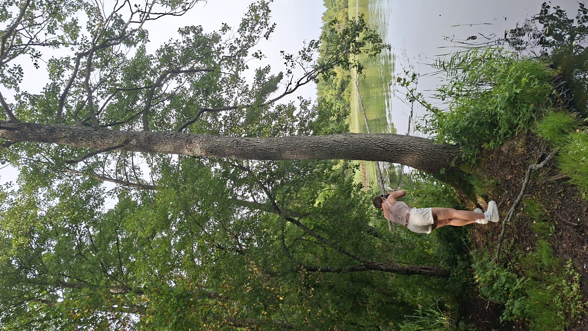 A person is standing on a wooded embankment next to a body of water, taking a photograph with a cell phone. The person is wearing a light-colored tank top, white shorts, and white sneakers. They are facing away from the camera, towards the water. The environment is a natural setting with trees, foliage, and a lake. The lake appears calm with some debris floating on the surface. The sky is overcast. The location is identified as Myadzyel District, Belarus.