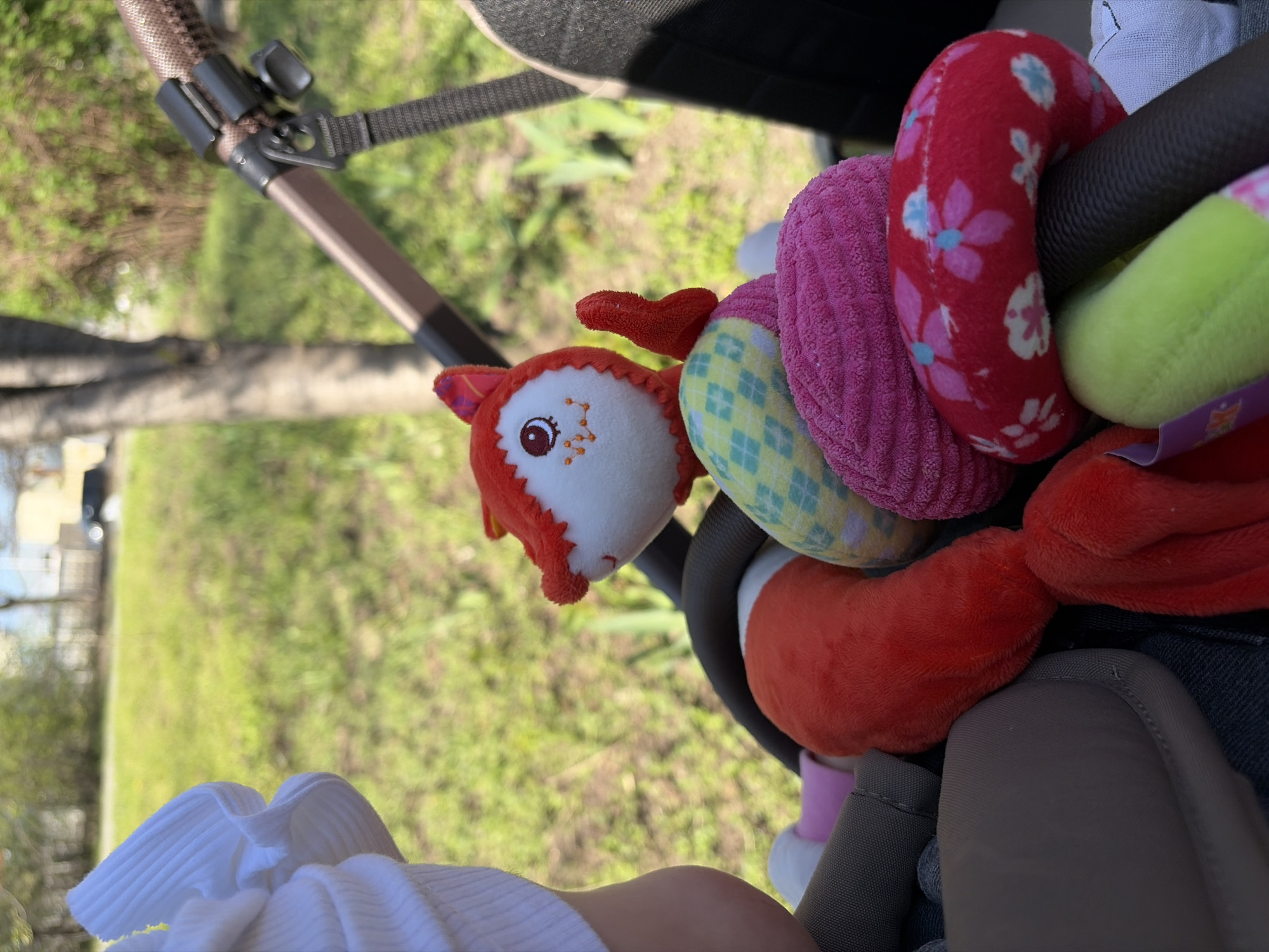 The image shows a baby in a stroller, with a toy attached to the stroller's bar. The toy is a colorful plush ring with various shapes and textures. The baby is wearing a white ribbed outfit. The background is blurred, but it appears to be a park or outdoor setting with green grass and trees. The exact location within Krasnodar, Russia is not discernible from the image.