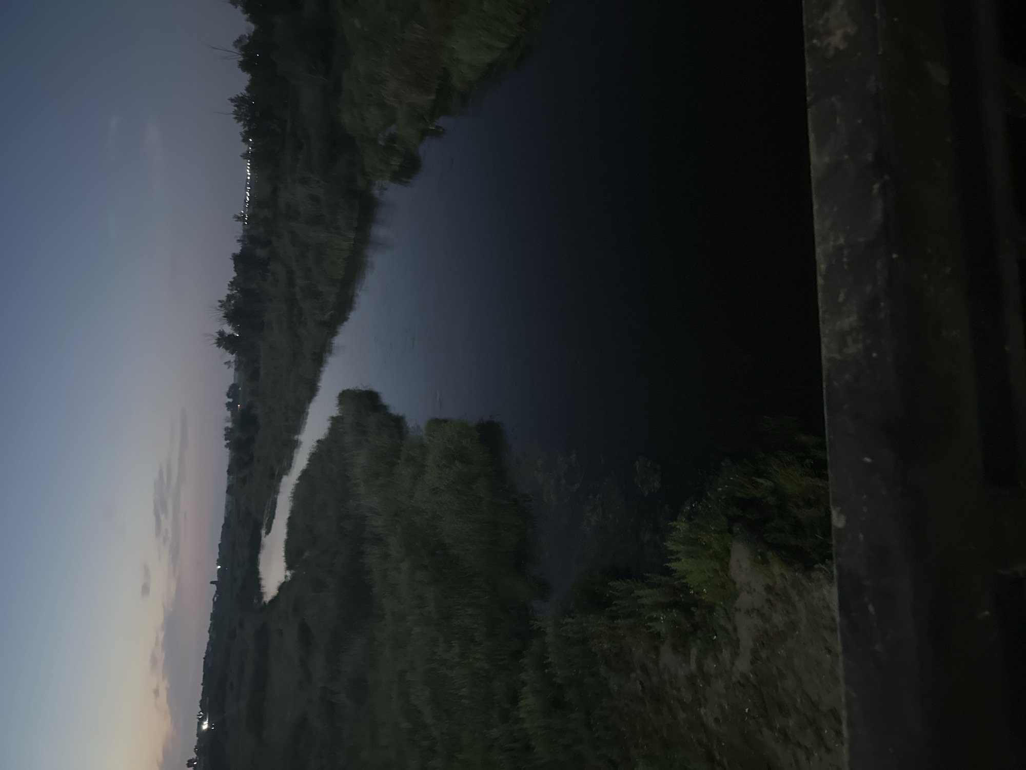 The image depicts a wide, dark river flowing through a landscape covered in tall grass. The sky above is a deep twilight blue, with some faint clouds visible on the horizon. The riverbanks are lined with dense vegetation, appearing as dark green and brown masses. In the distance, a faint line of lights suggests the presence of a settlement or city. The foreground is occupied by a dark, blurry railing, indicating the viewer is likely on a bridge or elevated structure overlooking the scene. The overall atmosphere is serene and quiet, characteristic of dusk or early night. This scene is consistent with the natural landscape found along the Tobol River in Kostanay, Kazakhstan, which flows through the city and is bordered by grasslands and vegetation.