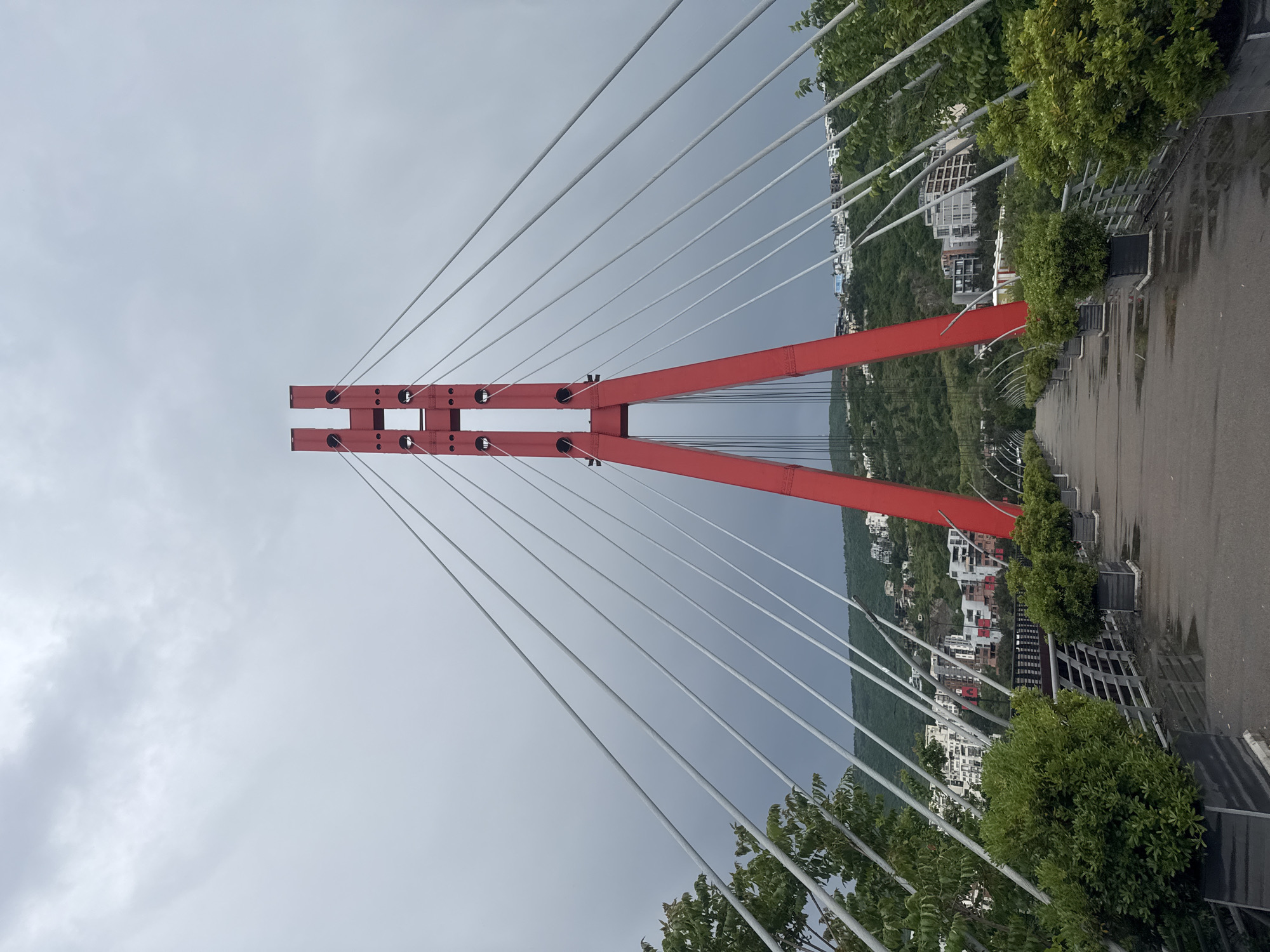 The image captures a red suspension bridge pylon in Tbilisi, Georgia, on a cloudy day. The pylon, constructed with steel beams and cables, is positioned centrally within the frame, connecting to the roadway on the right. The roadway appears wet, possibly from recent rain. On the periphery of the roadway are bushes and trees. In the background is a hillside covered with residential buildings and trees. The sky is overcast, with a grey tone.