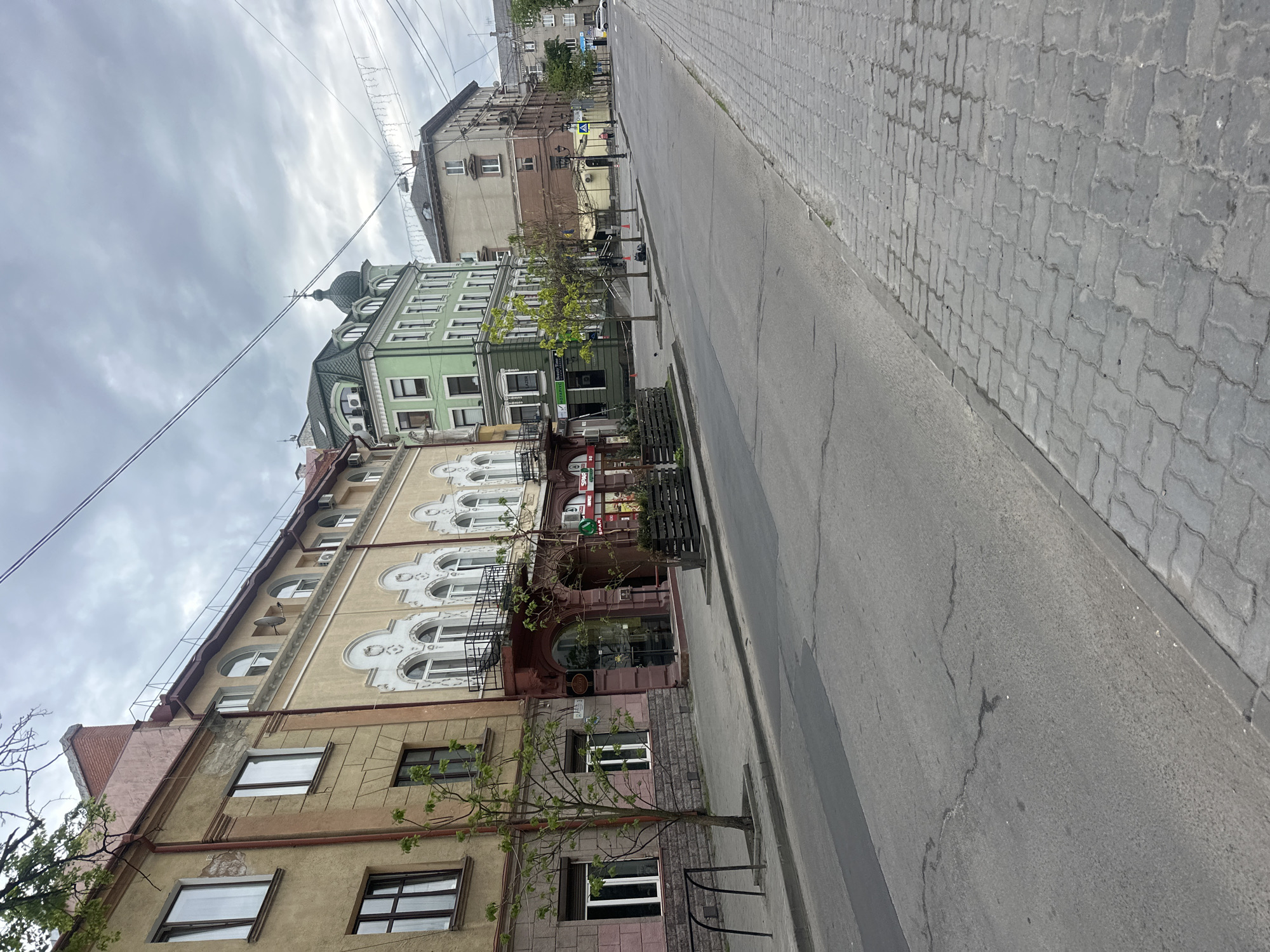 The image depicts a street scene in Ternopil, Ukraine, under a cloudy sky. The perspective is from ground level looking down a city street. On the left side of the street are several multistory buildings of varying architectural styles and colors. The closest building is tan with visible aging and some pink accents near the bottom and features rectangular windows. The adjacent building is also tan with arched windows. Further down is a green building with a distinctive dome-shaped roof. Utility lines are visible above the buildings. The street is paved with asphalt, showing some cracking. The right side of the street is lined with interlocking grey paving stones. A few small trees grow from the pavement in front of the buildings. No people or vehicles are clearly visible.