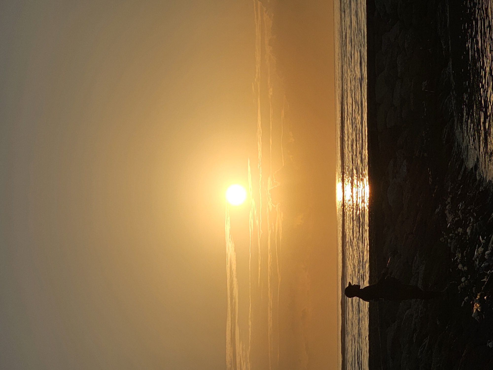 A lone figure stands on a rocky shore, silhouetted against a vibrant sunset over the ocean. The sun, a bright orb, hangs in the sky, casting a golden glow that reflects on the water's surface. Wispy clouds stretch horizontally across the horizon, tinged with orange and yellow hues. The foreground is dark and textured, with the figure appearing to be wearing a cap and facing away from the viewer, looking towards the sea. The scene evokes a sense of peaceful contemplation. This location is likely on the coast of Denpasar, Indonesia, where such sunsets are common.
