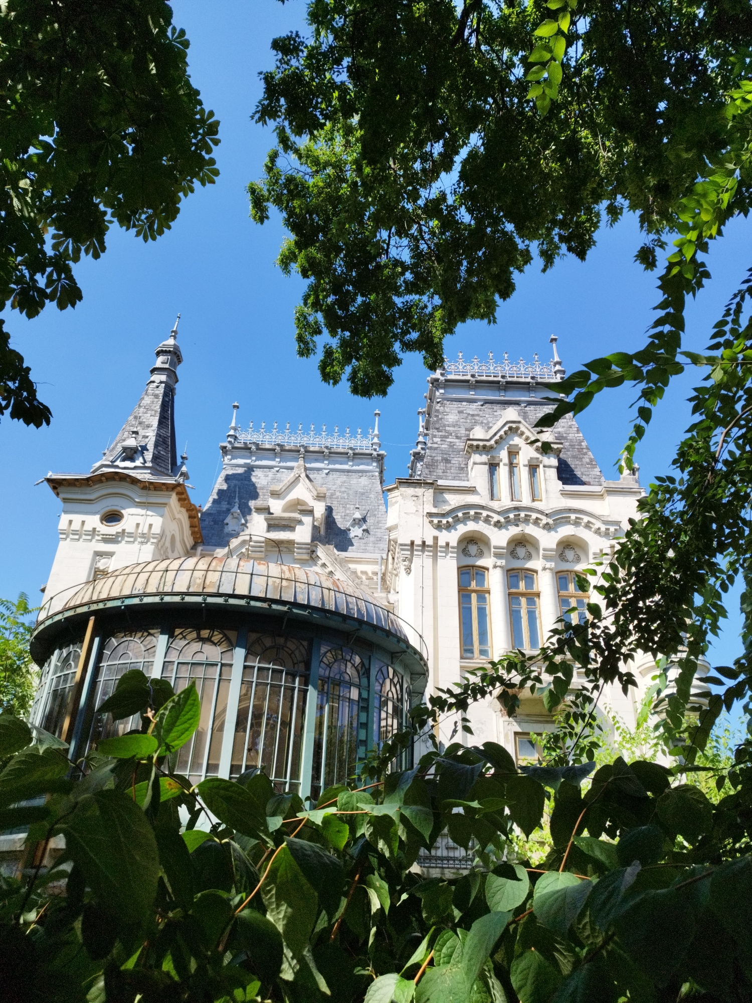 The image depicts the exterior of a grand, ornate building with a domed conservatory, surrounded by lush green foliage. The architecture suggests a historic European style, possibly late 19th or early 20th century, with elaborate stonework, multiple towers, and intricate roof details. The conservatory features large, arched windows. The scene is framed by the dark green leaves of trees and vines, creating a sense of being partially hidden or overgrown. The sky above is a clear, bright blue.
This building is identified as Cantacuzino Palace (also known as Muzeul Național de Muzică "George Enescu"), located on Calea Victoriei in Bucharest, Romania.