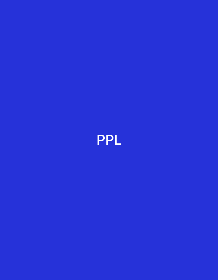 The image displays a solid royal blue background. Centered horizontally and slightly above the vertical midpoint, the white uppercase letters "PPL" are present. The text uses a clear, bold, sans-serif typeface. No other subjects, objects, people, actions, interactions, or environmental details are visible. The image contains no visual information that indicates a specific geographical location, including the city of Casablanca, Morocco.
