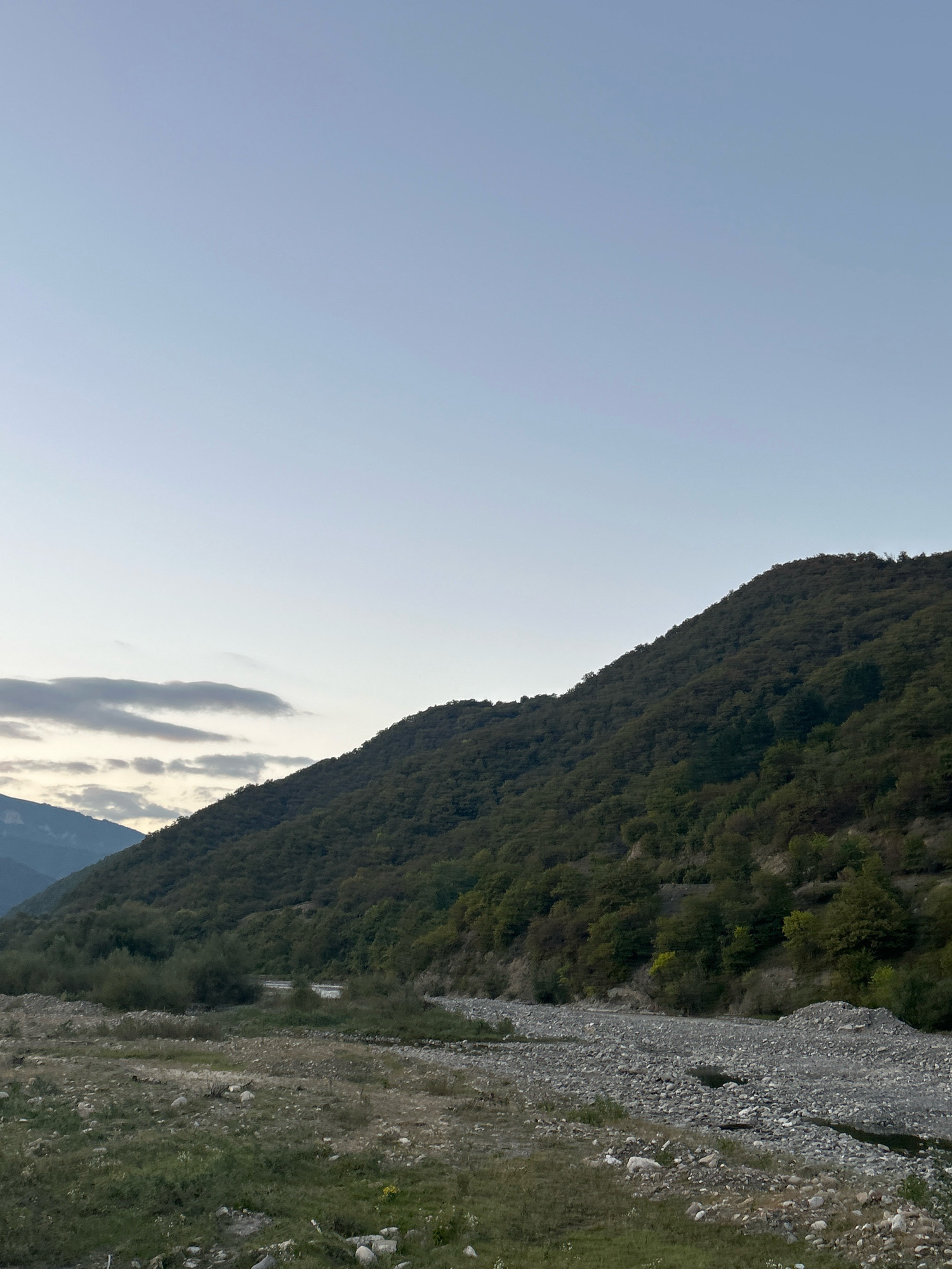 The image depicts a mountainous landscape in Pavleuri, Georgia. A dense, tree-covered mountain slopes upwards from the right side of the frame to the center. In the foreground, a dry, rocky riverbed is visible, with patches of sparse green grass and scattered stones. A narrow, winding body of water is present within the riverbed. In the background, hazy mountains are faintly visible, and the sky above is a clear, pale blue with a few wispy clouds on the left horizon. No people or animals are present in the scene. The overall impression is one of a natural, undeveloped environment.