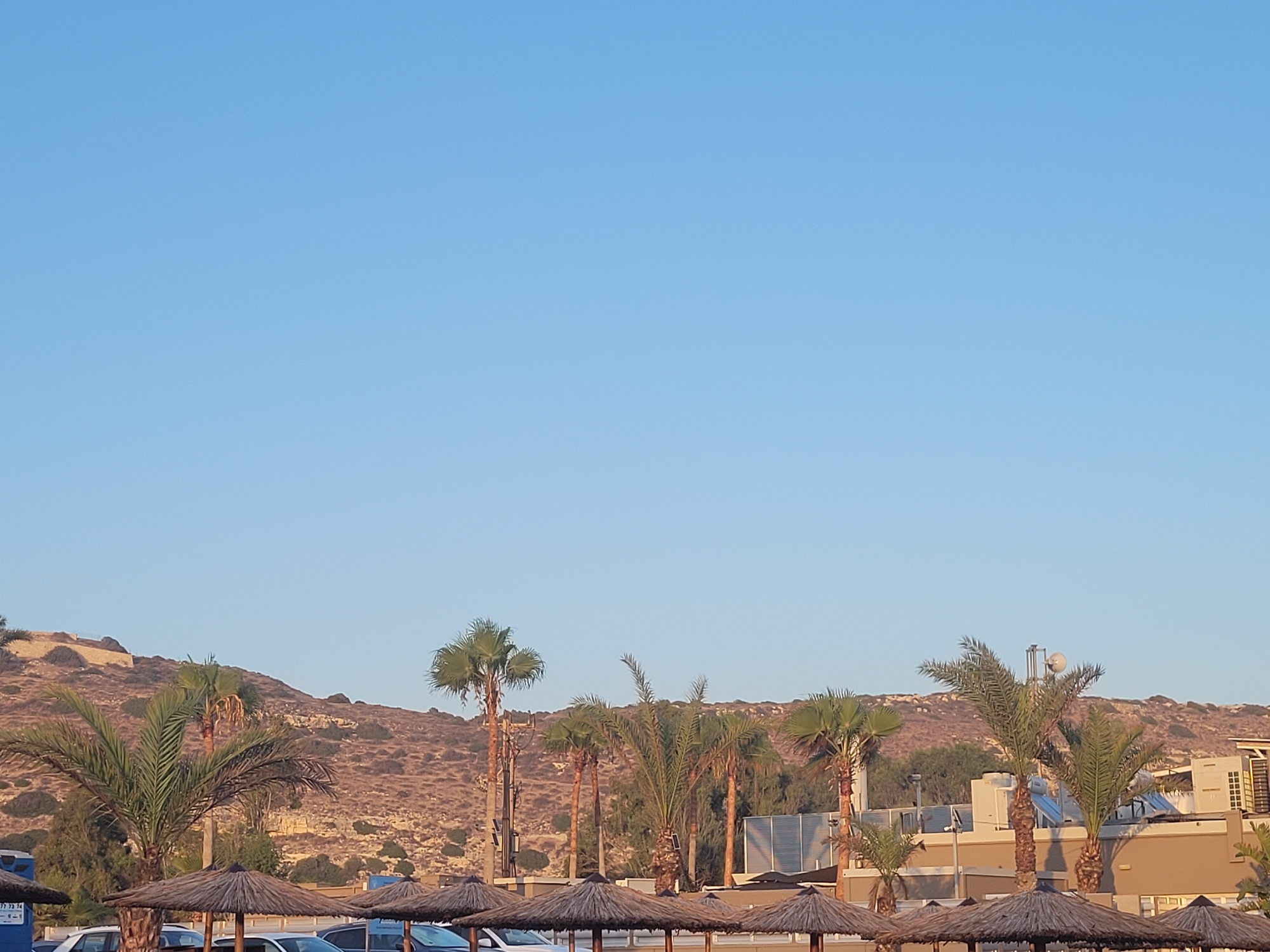 The image depicts a clear, pale blue sky above a landscape featuring dry, scrub-covered hills. In the foreground, a row of thatched umbrellas is visible, with the tops of several cars parked behind them. Several palm trees are scattered across the scene, with some rising higher than the umbrellas and cars. Buildings, possibly hotels or resorts, with light-colored walls and some solar panels, are situated behind the palm trees. The overall impression is of a sunny, warm environment, likely a coastal resort area, but the location in Episkopi Lemesou, United Kingdom, is incorrect, as Episkopi is a village in Cyprus.