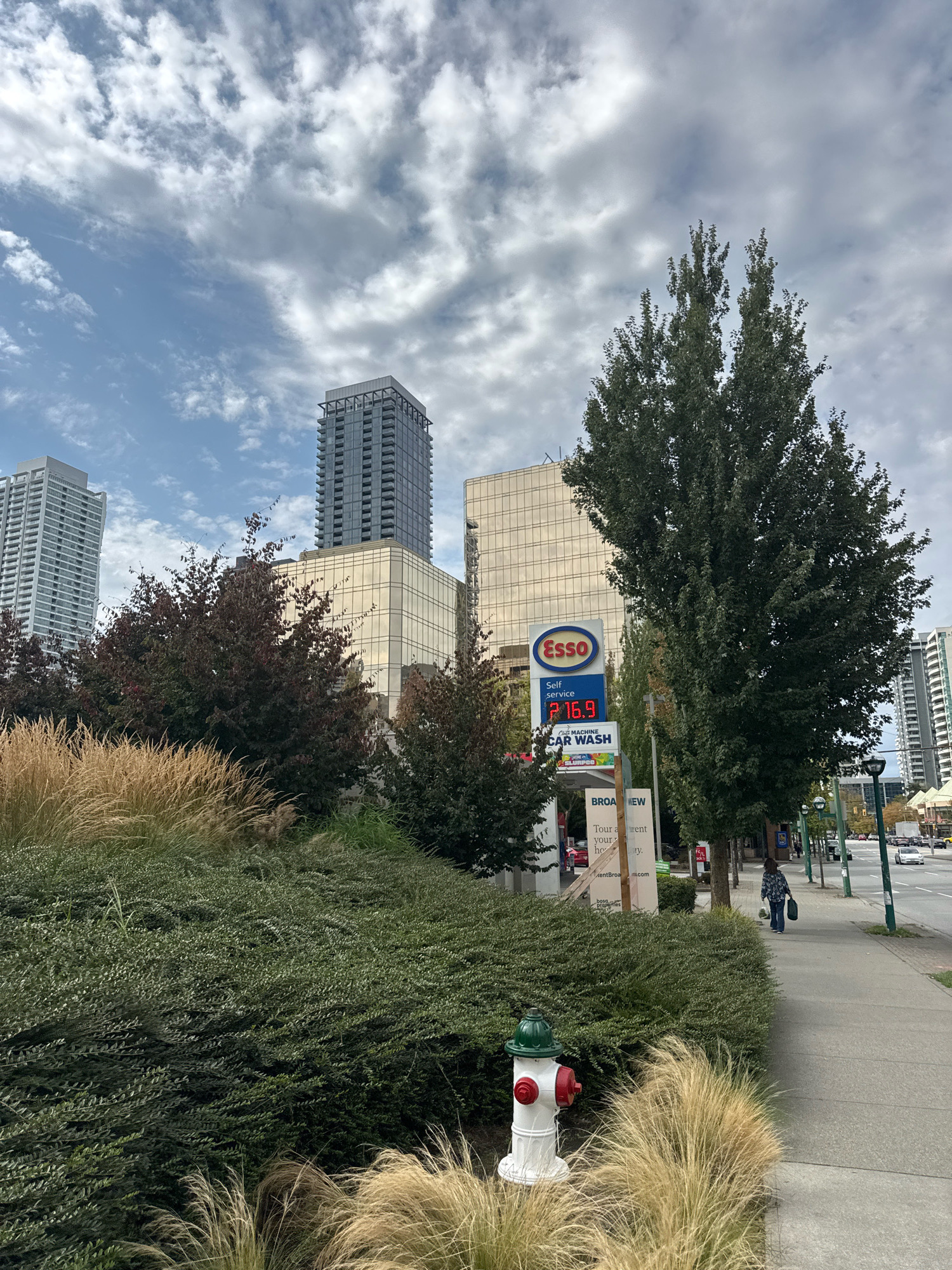 The image depicts a street scene in Burnaby, Canada, under a partly cloudy sky. In the foreground, there is a white and red fire hydrant next to ornamental grasses and manicured green bushes. A sidewalk runs parallel to the street, with a lone pedestrian walking away from the camera, carrying a bag.
Further into the scene, a tall, mature tree with dark green foliage dominates the right side of the image. To the left of the tree, a gas station sign for "Esso" is visible, displaying self-service gas prices at "1.69" and advertising a car wash. Behind the gas station, several modern buildings are visible. These include a glass-fronted building with a golden hue, and two tall, grey residential towers. The buildings suggest an urban or suburban commercial district. Traffic is visible on the street, with cars driving in the distance. The overall impression is of a functional urban environment with elements of landscaping.