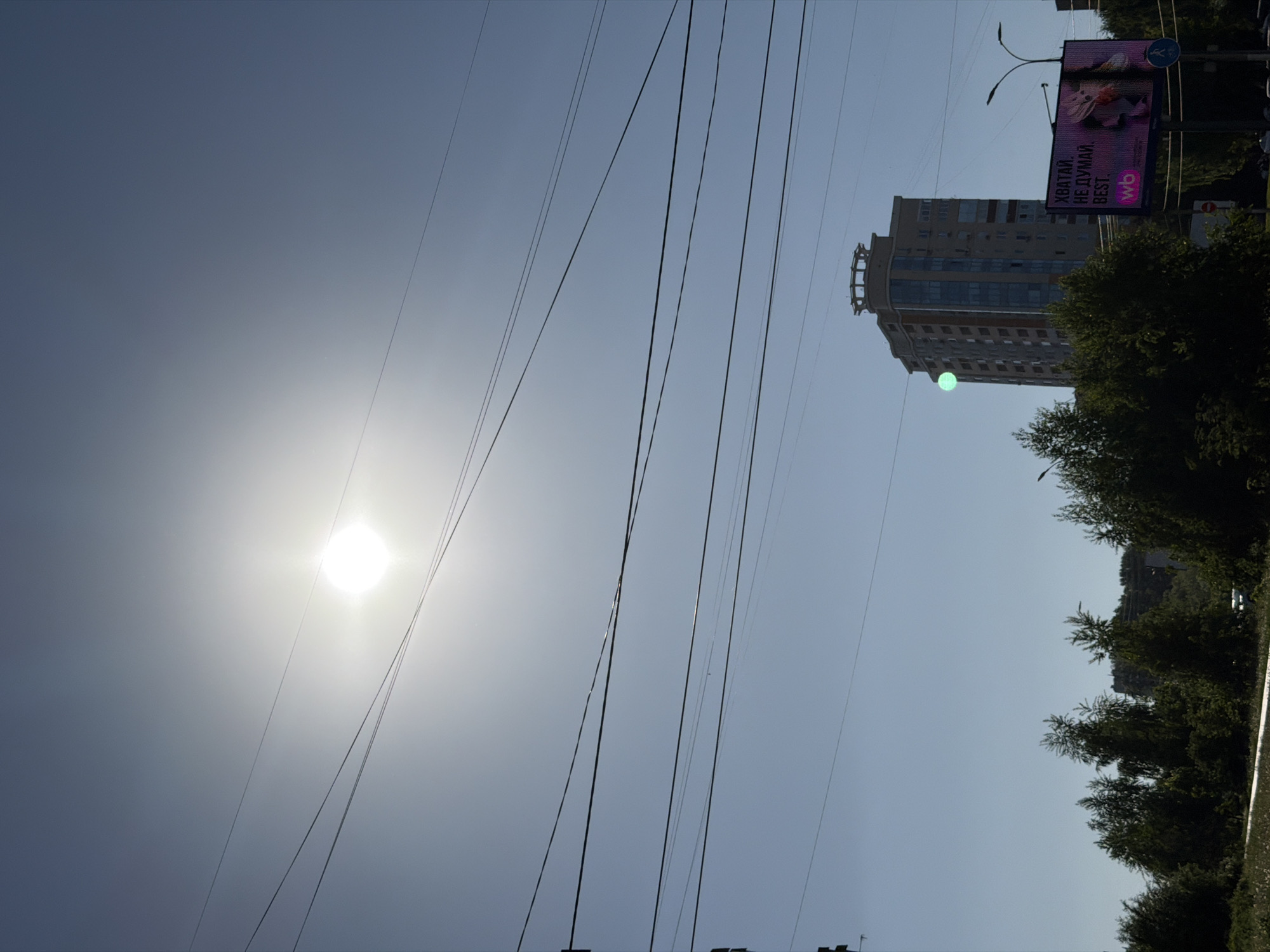 A low-angle, outdoor shot depicts a city scene in Izhevsk, Russia. In the top right, a tall building with a rounded top is visible, partially obscured by a billboard advertising "Wildberries". Below the billboard and the building, trees with green foliage partially cover the view. Electrical wires stretch across the frame from the lower portion towards the left side, where the sun shines brightly in the sky. The sky is a gradient of light blue, with a slight haze near the sun.