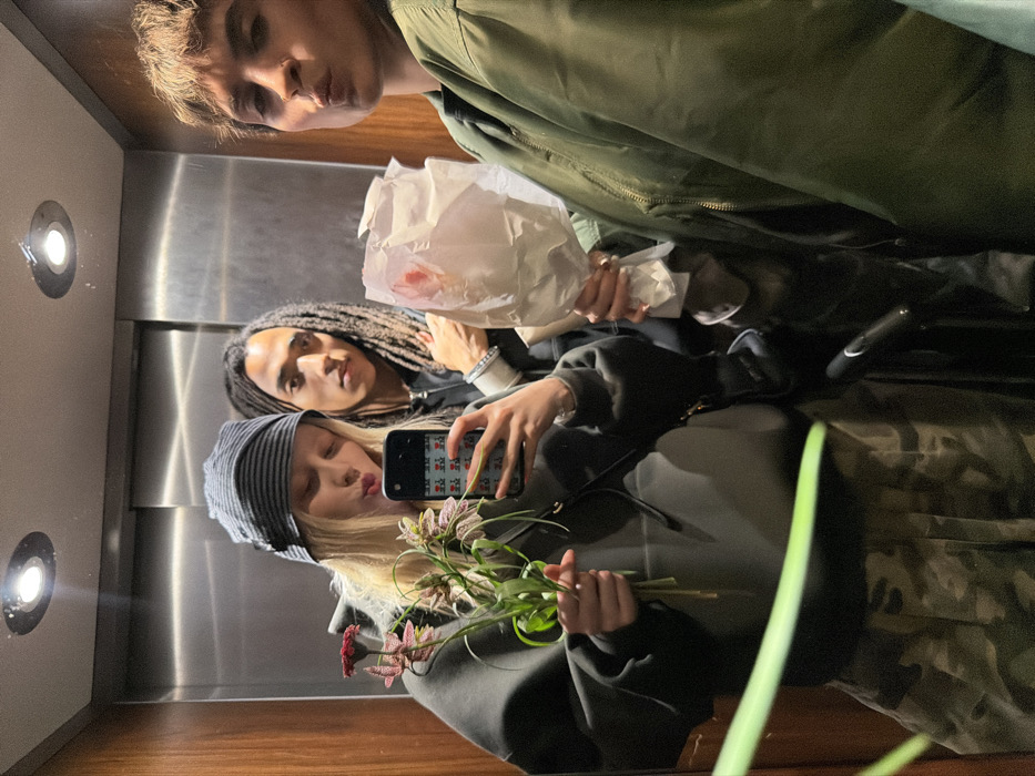 A selfie captures three individuals inside an elevator, located in Paris, France. The elevator interior features a brushed metallic door and a wooden wall panel, illuminated by two recessed ceiling lights.
On the left, a blonde individual wearing a grey striped beanie, dark oversized hoodie, and camouflage pants holds a smartphone in their right hand, taking the photo, and a small bouquet of wildflowers, including red and spotted bell-shaped varieties, in their left hand. Their lips are pursed.
In the center, a person with dark dreadlocks wears a dark hooded top and a silver-colored bracelet on their left wrist, looking directly at the camera with a neutral expression.
On the right, an individual with short light brown hair wears an olive green bomber jacket and holds a crumpled white paper bag containing a red item in their right hand. Their lips are also pursed. A blurred green object partially obscures the lower left foreground.