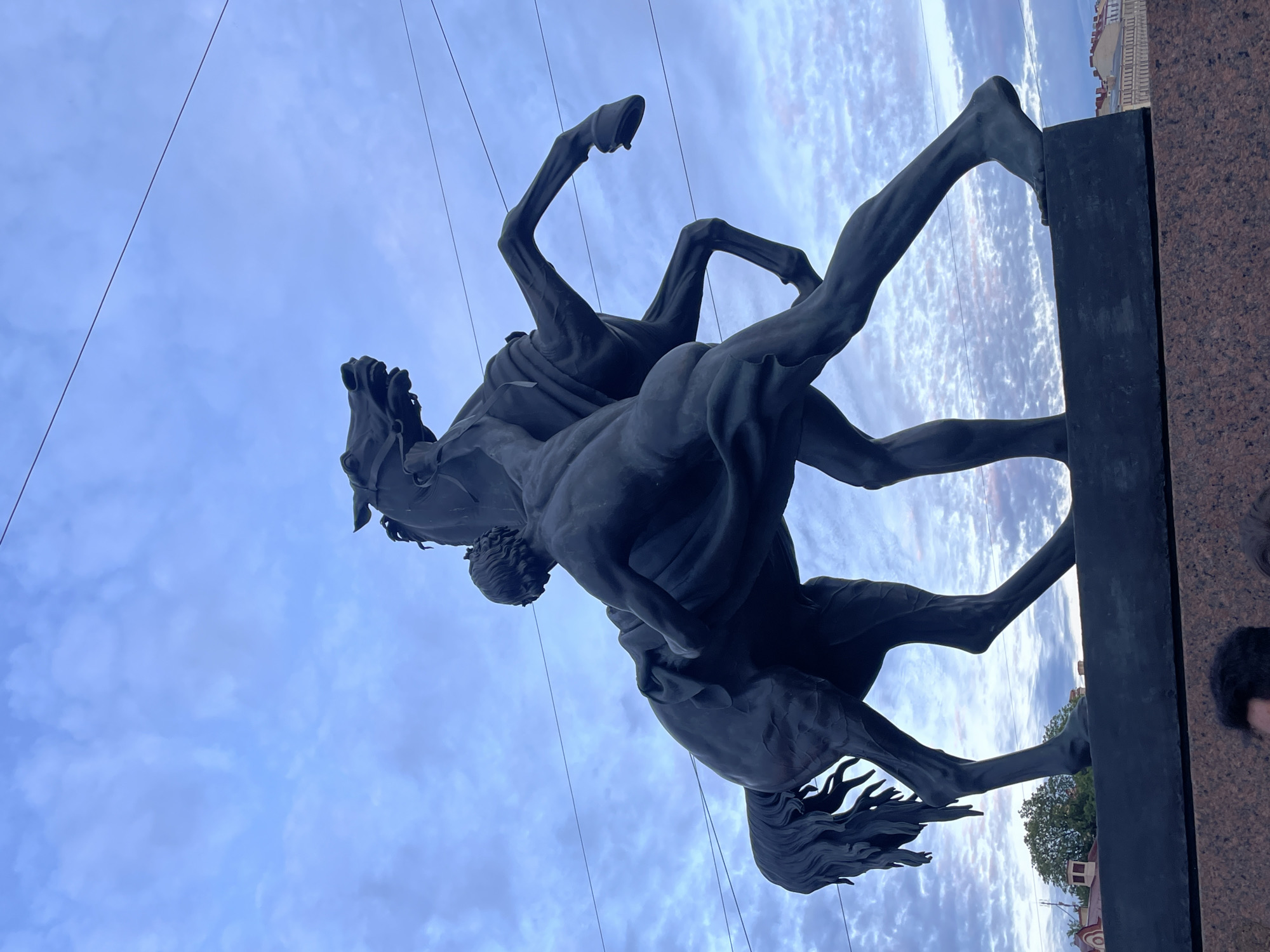 The image shows a low-angle, full-body shot of the Bronze Horseman statue in Saint Petersburg, Russia. The statue depicts Peter the Great, sculpted as a heroic figure, taming a rearing horse. Peter is depicted as nude, with his body straining as he holds the horse's reins and its head. The horse is shown rearing on its hind legs, its front legs raised in the air. The statue is dark bronze and is positioned on a granite pedestal.
In the background, the sky is partly cloudy with hues of blue and white. A few thin wires are visible crossing the sky, indicating the presence of overhead electrical lines. The lower portion of the image shows the granite base of the statue and a hint of a few people at the very bottom. The urban environment is suggested by the distant buildings visible behind the statue's base, characterized by traditional European architecture. The overall lighting suggests it is either early morning or late evening, given the soft light and the colors of the sky.