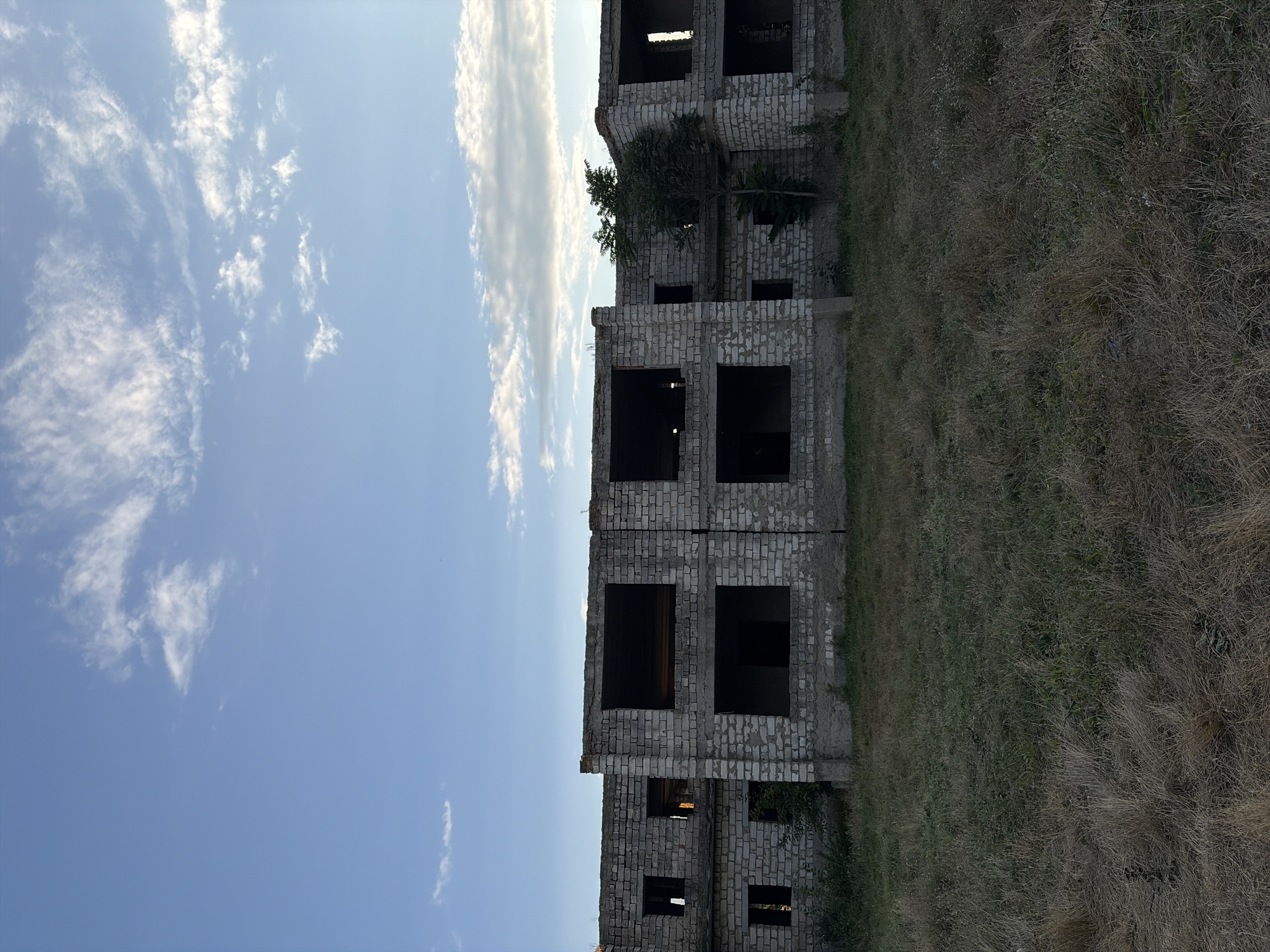 An unfinished, multi-story building made of concrete blocks stands in the foreground, with large, empty window openings visible on each level. The building appears abandoned, with overgrown grass and weeds surrounding its base. A small tree is growing from the side of the structure. In the background, a blue sky with scattered white clouds is visible. The scene is likely located in Oxentea, Moldova, given the context provided.