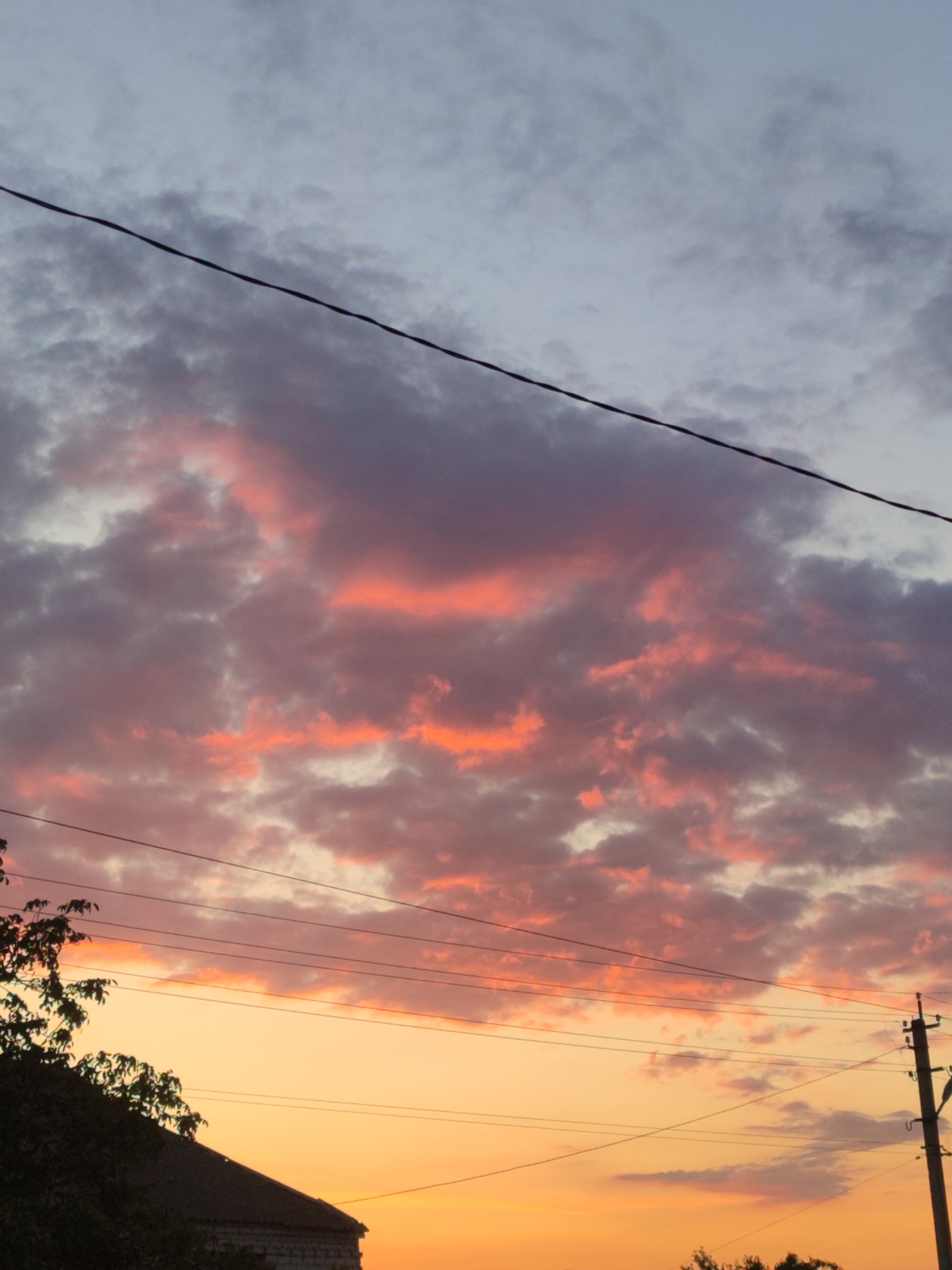 The image depicts a sunset sky over Novosamarka, Ukraine. The sky is filled with dramatic clouds, with hues of pink, orange, and purple. Several power lines crisscross the frame, adding a geometric element to the natural beauty of the sky. In the lower portion of the image, the silhouette of a house and some trees can be seen. The overall impression is one of a serene and colorful end to the day in a rural or semi-rural setting.
