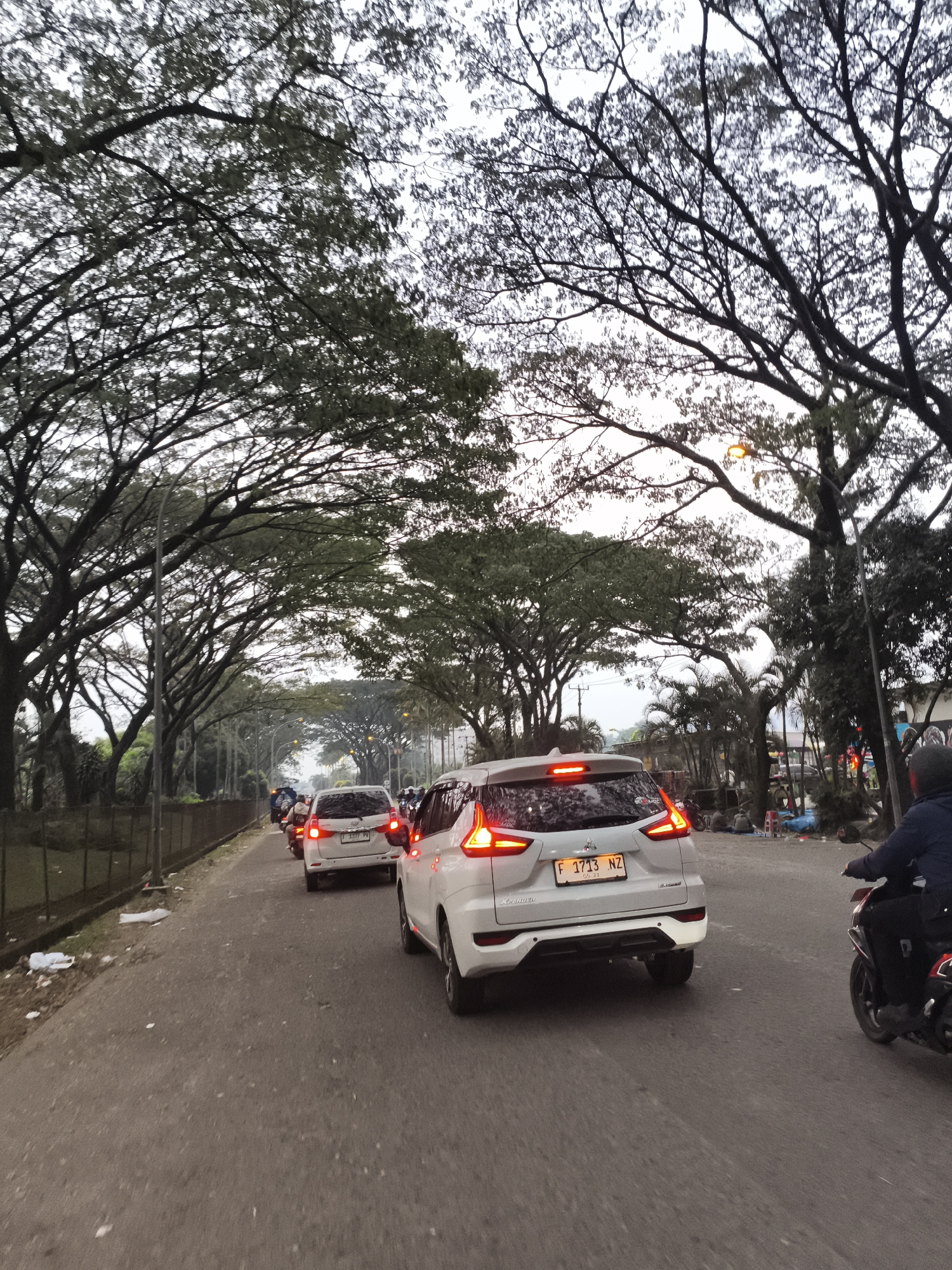 This image depicts a bustling road in Babakan Madang, Indonesia, characterized by dense overhead tree canopies that create a shaded environment. The time of day appears to be either early morning or late afternoon/dusk, evidenced by the soft, diffused light and the illuminated orange glow of a streetlight visible through the trees. The sky is overcast.
The primary subjects are vehicles and people navigating the road. Several cars, predominantly white SUVs/MPVs, are visible in a line, suggesting traffic congestion or slow movement, as indicated by their illuminated red brake lights. In the foreground, the rear of a white Mitsubishi Xpander is prominent, bearing the license plate "F 1713 NZ" with "05 27" below it. Further down the road, another white car shows the license plate "F 3397 PA." Motorcycles are also present, with one motorcyclist partially visible on the right side of the foreground.
Along the left side of the road, a dark metal fence separates the roadway from an elevated, possibly vegetated, area. The road surface itself appears to be asphalt, with some litter visible on the unpaved shoulder. On the right side, beyond the flow of traffic, several people are gathered or seated on the ground near what appears to be a small, informal roadside setup. A red traffic light can be faintly seen in the distance, hinting at an upcoming intersection. The scene captures a moment of daily commute or travel amidst the characteristic lush greenery of Indonesia.