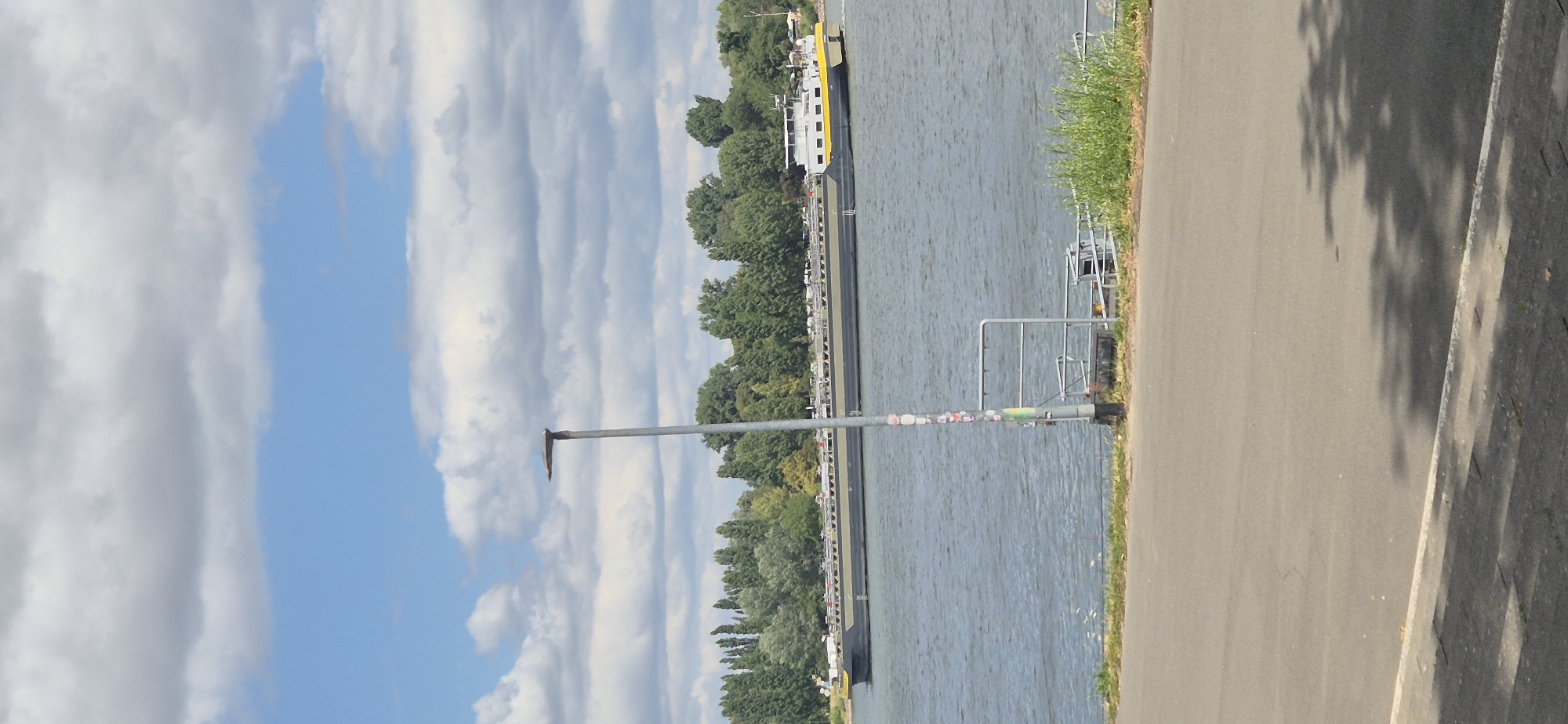 The image captures a wide, slow-moving barge traversing a body of water, likely a river, with a lush green treeline bordering the far bank. The barge itself is long and appears to be carrying cargo, with a white superstructure and a yellow stripe along its side. In the foreground, a paved pathway runs along the water's edge, separating the water from more vegetation and a metallic lamppost. The sky is partly cloudy, with patches of blue visible between fluffy white and grey clouds. The scene appears to be set in Mainz, Germany, possibly along the Rhine River, given the typical barges seen on this waterway and the European style of the lamppost and surrounding vegetation. The overall impression is one of a peaceful, summer day by the water.